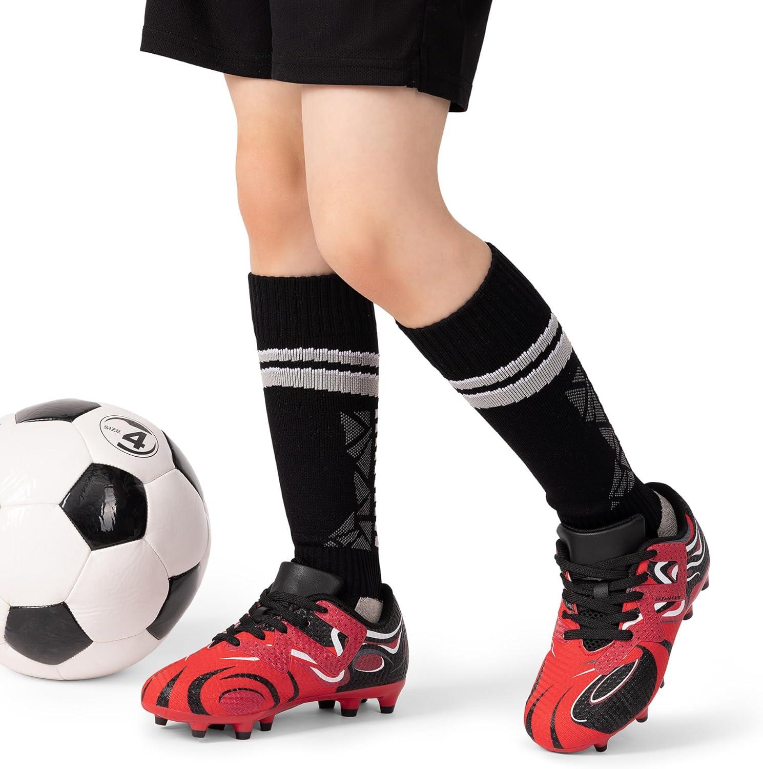 imageDREAM PAIRS Boys Girls Soccer Cleats Youth Firm Groud Sport Football Cleats with Soccer Socks for LittleBig KidToddlerRedBlack