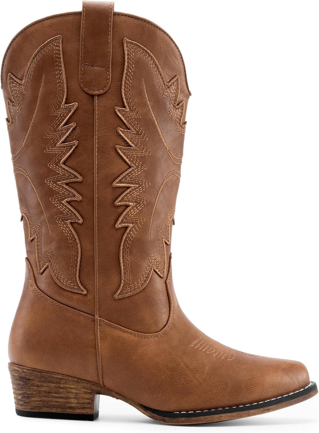 imageDREAM PAIRS Cowboy Boots for Women Cowgirl Western Mid Calf Boots Snip Toe Embroidered Stitched Low Chunky Heel Pull On Fashion BootsTan