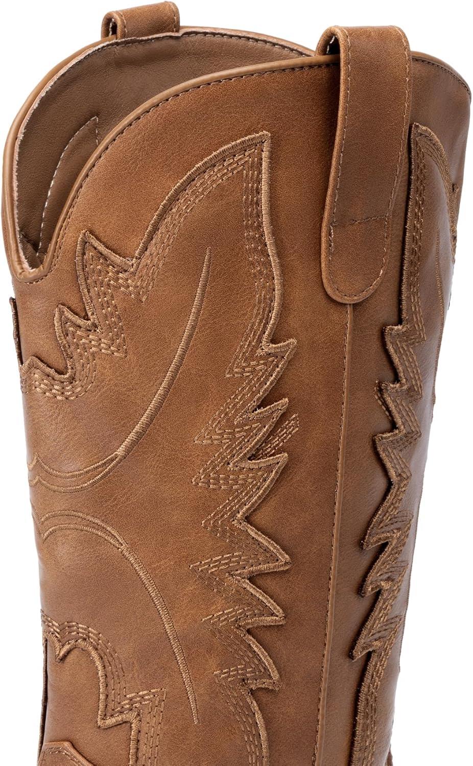 imageDREAM PAIRS Cowboy Boots for Women Cowgirl Western Mid Calf Boots Snip Toe Embroidered Stitched Low Chunky Heel Pull On Fashion BootsTan