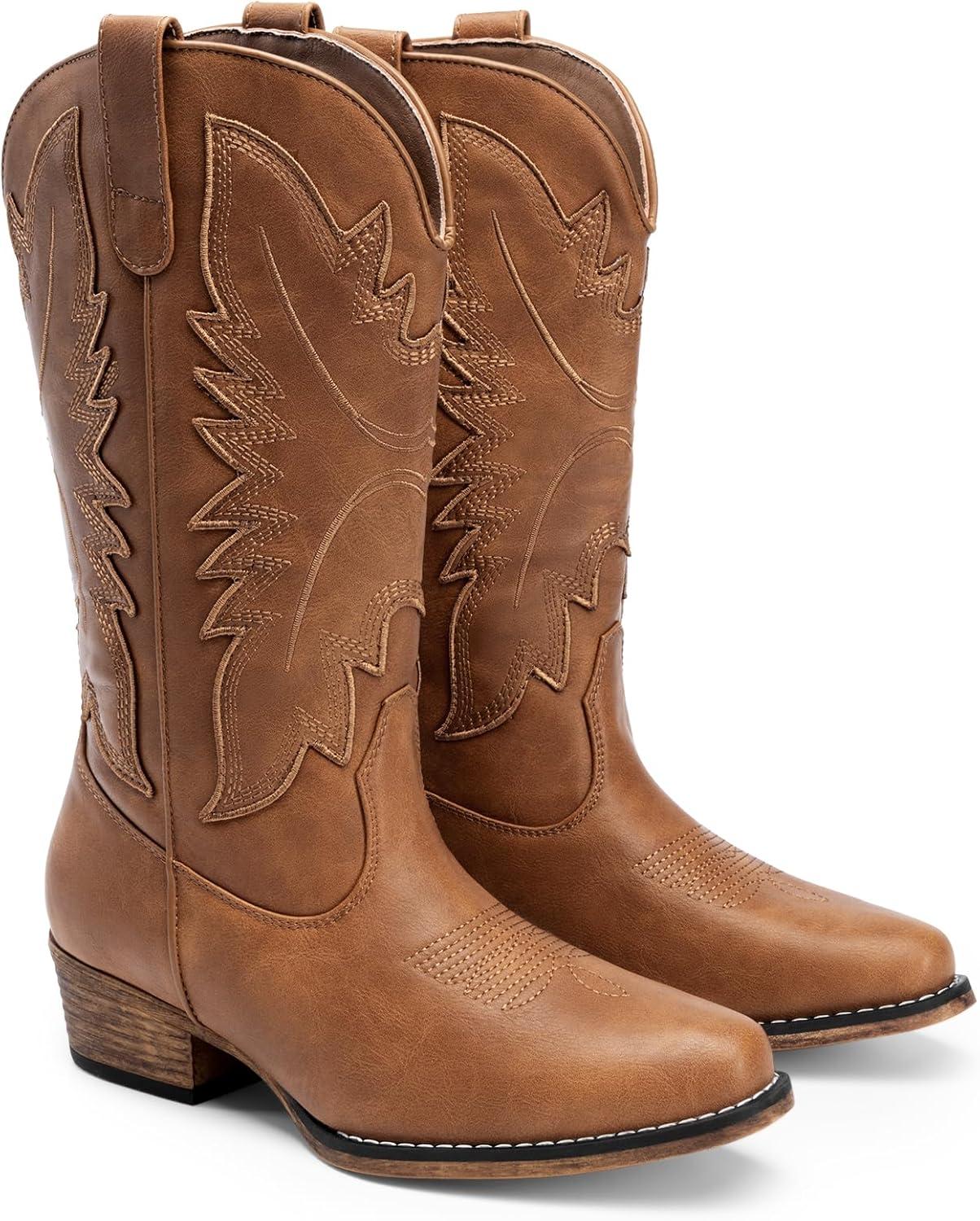 imageDREAM PAIRS Cowboy Boots for Women Cowgirl Western Mid Calf Boots Snip Toe Embroidered Stitched Low Chunky Heel Pull On Fashion BootsTan