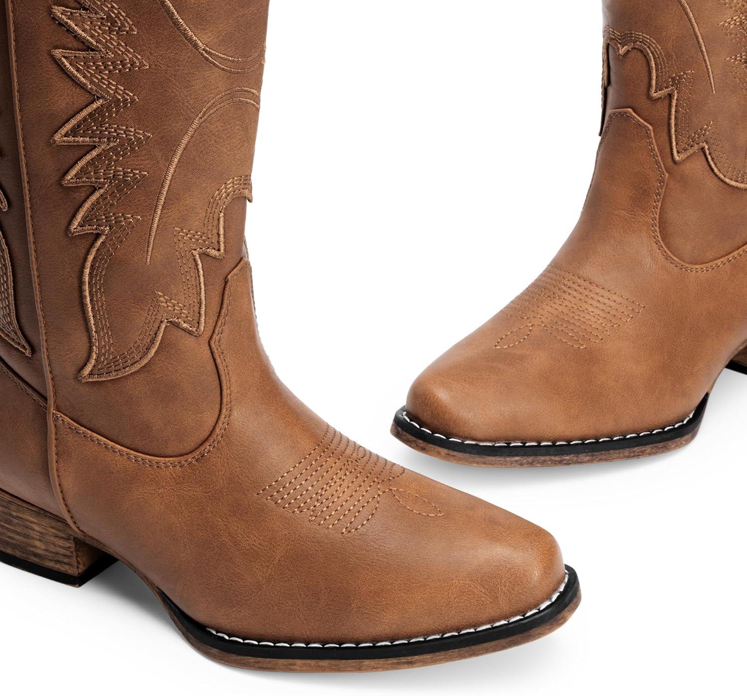 imageDREAM PAIRS Cowboy Boots for Women Cowgirl Western Mid Calf Boots Snip Toe Embroidered Stitched Low Chunky Heel Pull On Fashion BootsTan