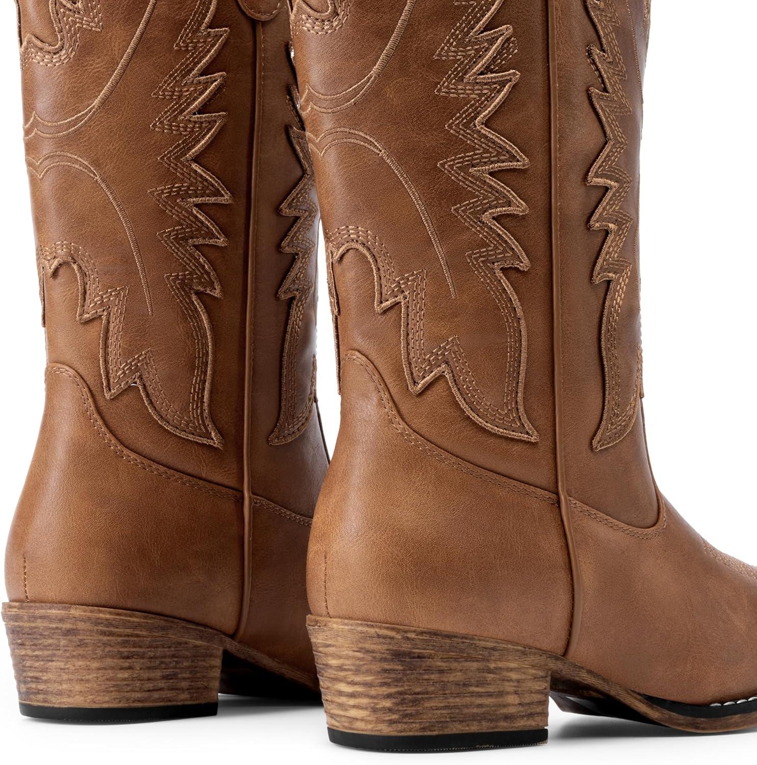 imageDREAM PAIRS Cowboy Boots for Women Cowgirl Western Mid Calf Boots Snip Toe Embroidered Stitched Low Chunky Heel Pull On Fashion BootsTan