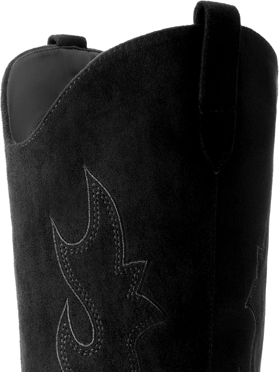 imageDREAM PAIRS Cowgirl Boots Women Knee High Cowboy Boots Pointed Toe Chunky Block Heel Suede Tall Western Boots with EmbroideredBlack