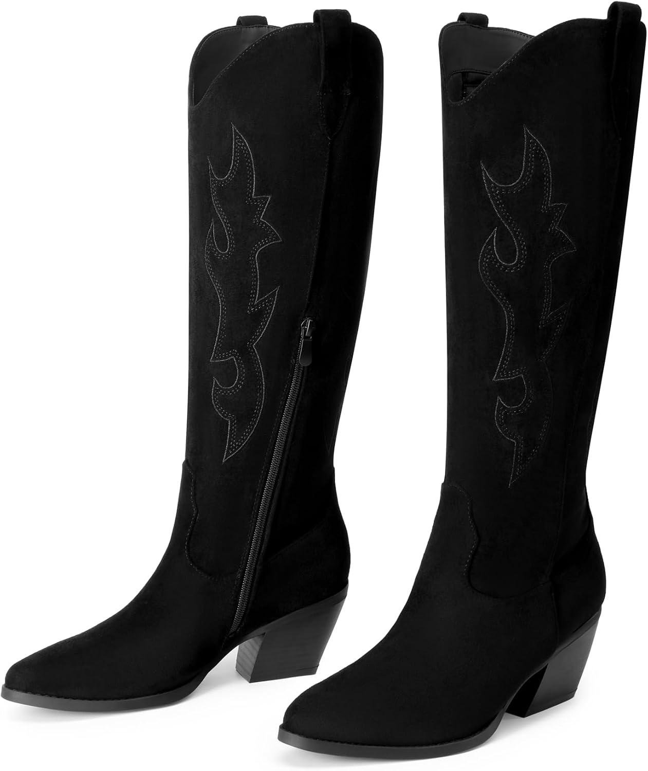 imageDREAM PAIRS Cowgirl Boots Women Knee High Cowboy Boots Pointed Toe Chunky Block Heel Suede Tall Western Boots with EmbroideredBlack