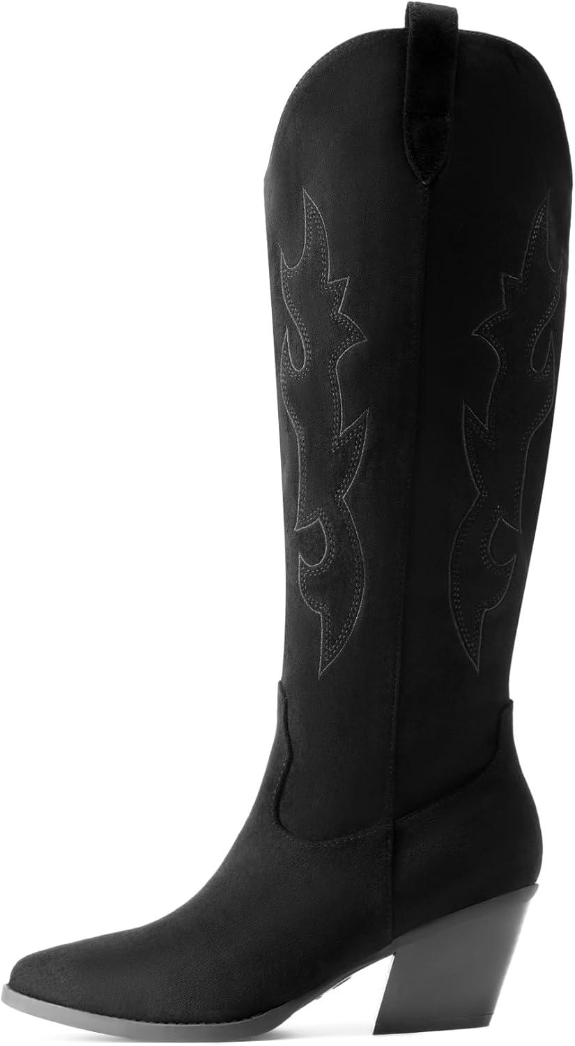 imageDREAM PAIRS Cowgirl Boots Women Knee High Cowboy Boots Pointed Toe Chunky Block Heel Suede Tall Western Boots with EmbroideredBlack