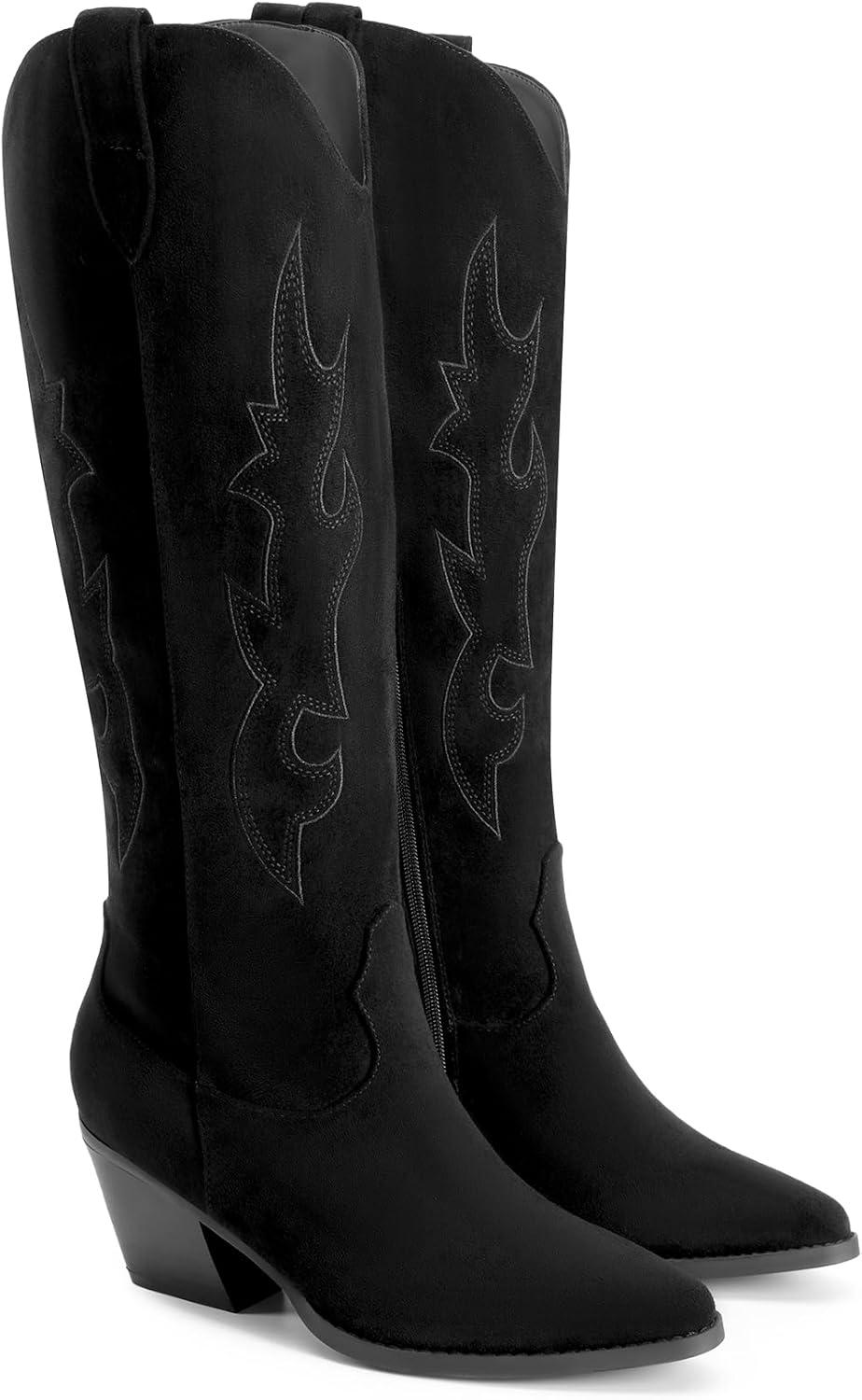 imageDREAM PAIRS Cowgirl Boots Women Knee High Cowboy Boots Pointed Toe Chunky Block Heel Suede Tall Western Boots with EmbroideredBlack