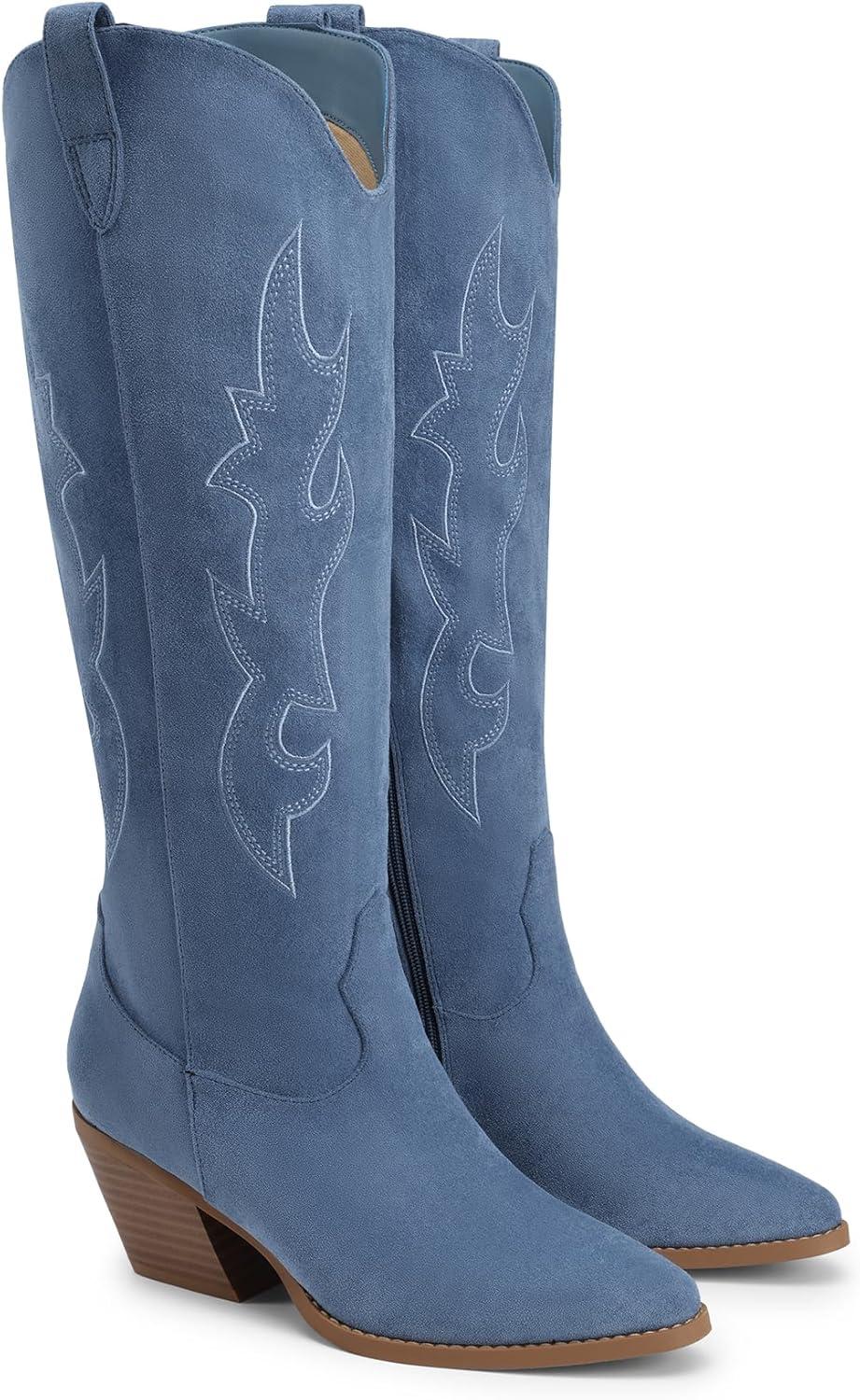 imageDREAM PAIRS Cowgirl Boots Women Knee High Cowboy Boots Pointed Toe Chunky Block Heel Suede Tall Western Boots with EmbroideredBlue