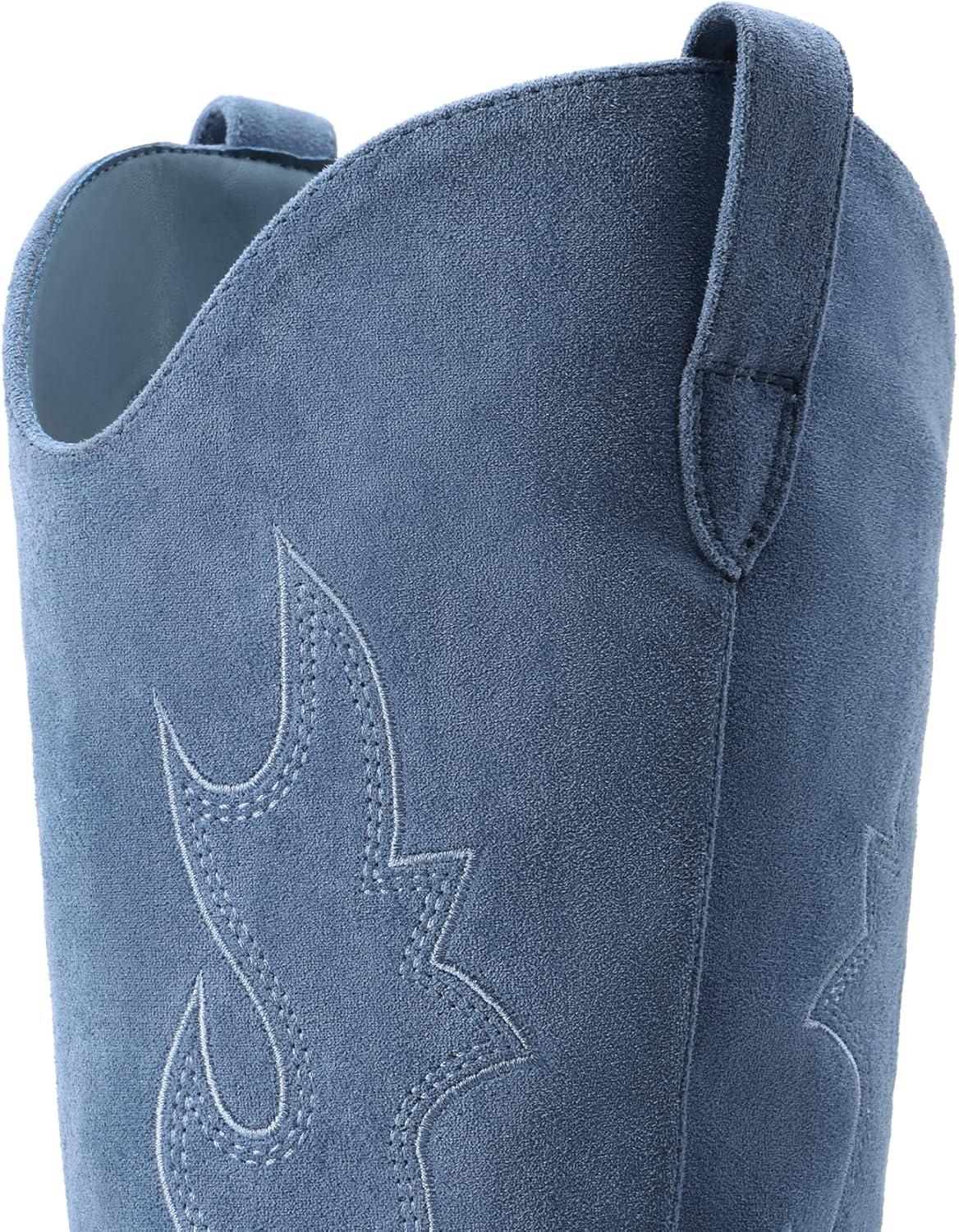 imageDREAM PAIRS Cowgirl Boots Women Knee High Cowboy Boots Pointed Toe Chunky Block Heel Suede Tall Western Boots with EmbroideredBlue