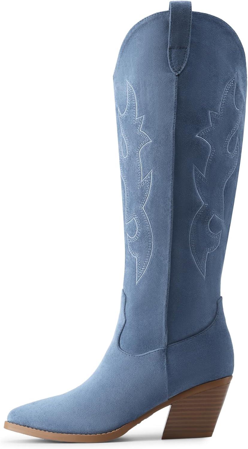 imageDREAM PAIRS Cowgirl Boots Women Knee High Cowboy Boots Pointed Toe Chunky Block Heel Suede Tall Western Boots with EmbroideredBlue