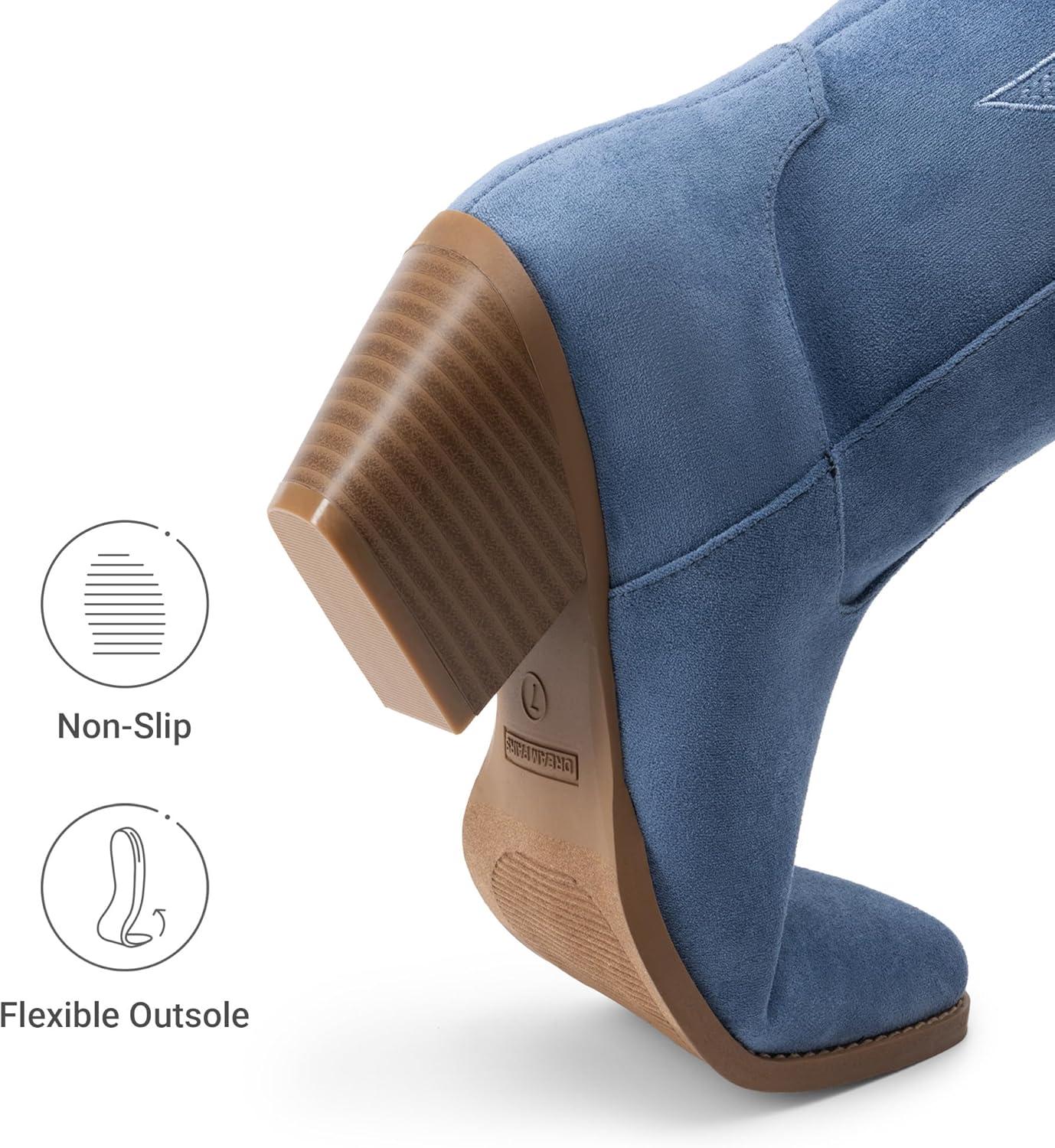 imageDREAM PAIRS Cowgirl Boots Women Knee High Cowboy Boots Pointed Toe Chunky Block Heel Suede Tall Western Boots with EmbroideredBlue