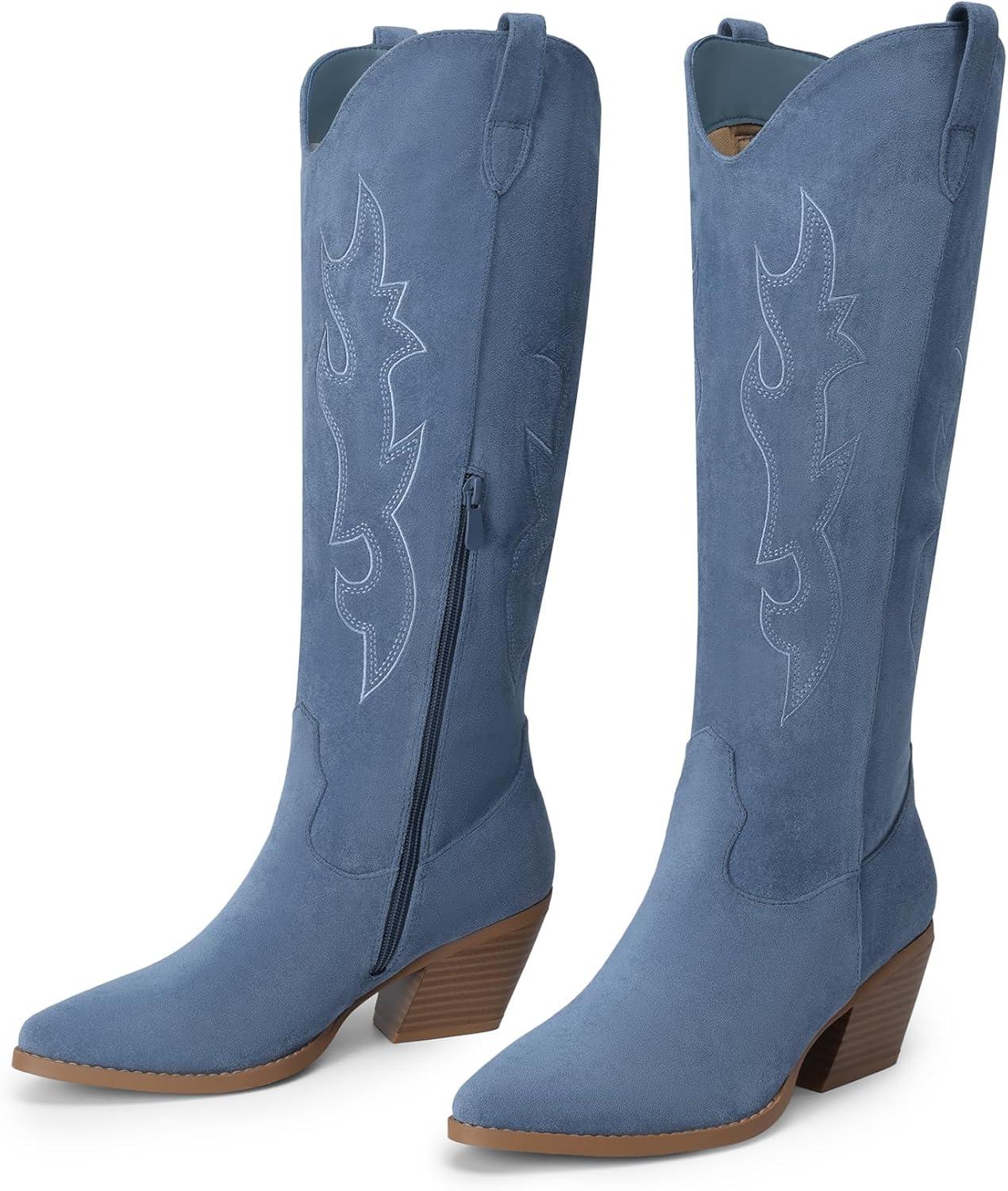imageDREAM PAIRS Cowgirl Boots Women Knee High Cowboy Boots Pointed Toe Chunky Block Heel Suede Tall Western Boots with EmbroideredBlue