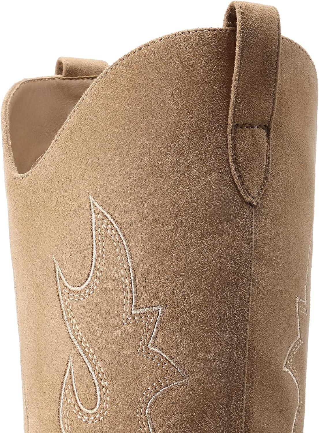 imageDREAM PAIRS Cowgirl Boots Women Knee High Cowboy Boots Pointed Toe Chunky Block Heel Suede Tall Western Boots with EmbroideredBrown