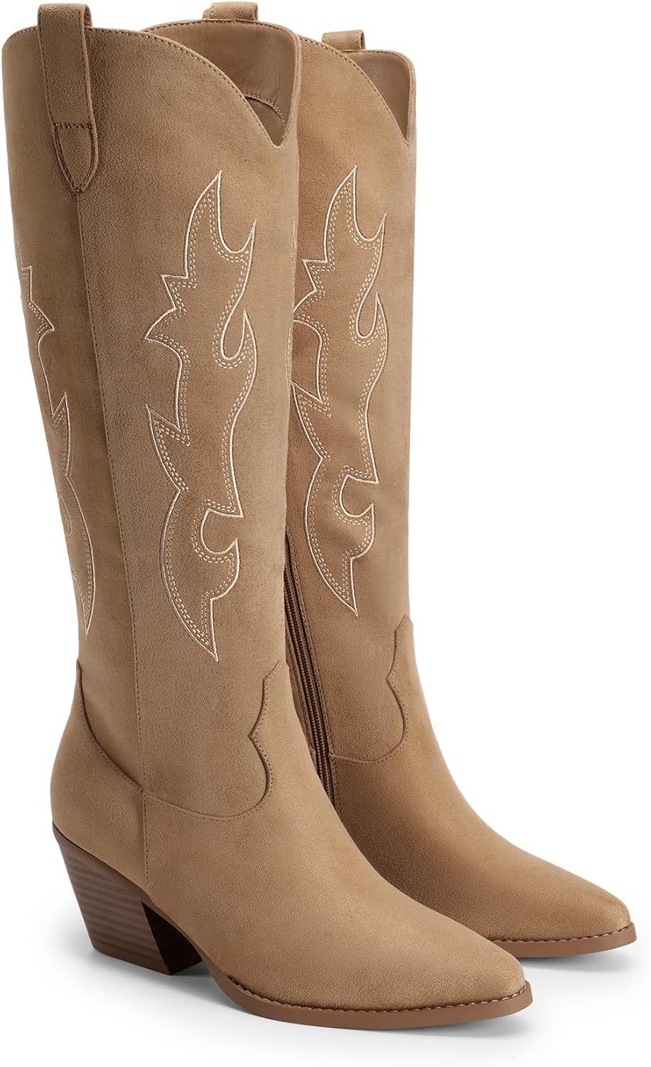 imageDREAM PAIRS Cowgirl Boots Women Knee High Cowboy Boots Pointed Toe Chunky Block Heel Suede Tall Western Boots with EmbroideredBrown