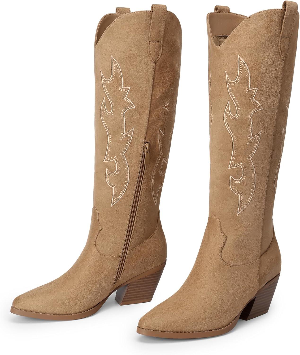 imageDREAM PAIRS Cowgirl Boots Women Knee High Cowboy Boots Pointed Toe Chunky Block Heel Suede Tall Western Boots with EmbroideredBrown