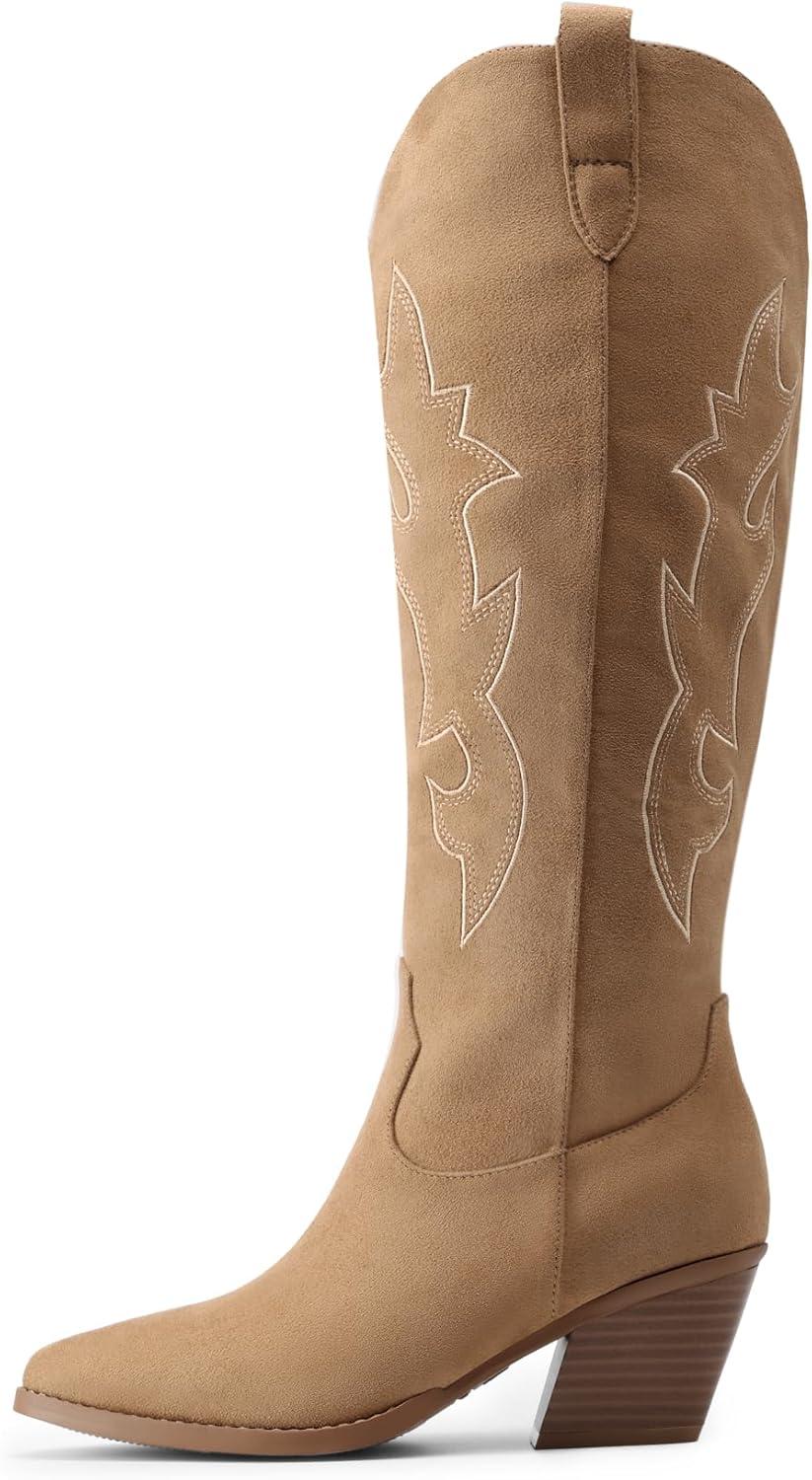 imageDREAM PAIRS Cowgirl Boots Women Knee High Cowboy Boots Pointed Toe Chunky Block Heel Suede Tall Western Boots with EmbroideredBrown