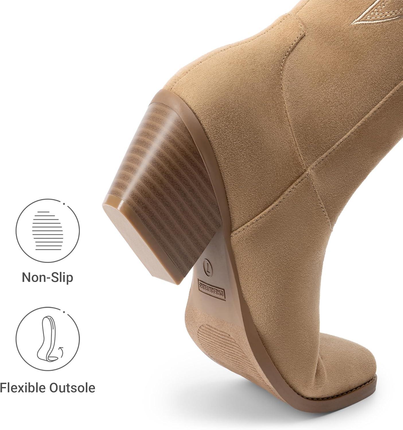 imageDREAM PAIRS Cowgirl Boots Women Knee High Cowboy Boots Pointed Toe Chunky Block Heel Suede Tall Western Boots with EmbroideredBrown