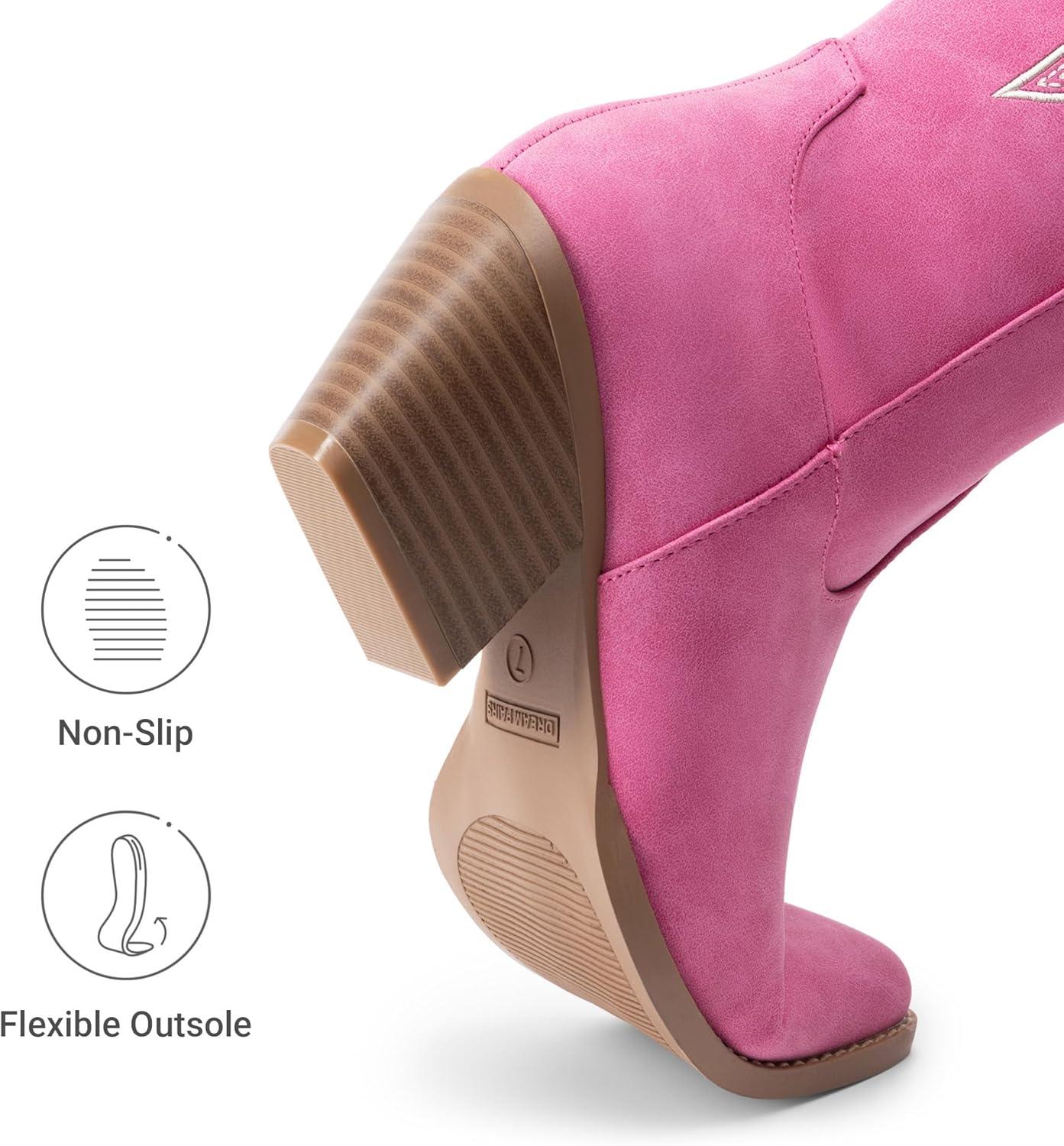imageDREAM PAIRS Cowgirl Boots Women Knee High Cowboy Boots Pointed Toe Chunky Block Heel Suede Tall Western Boots with EmbroideredHot Pink