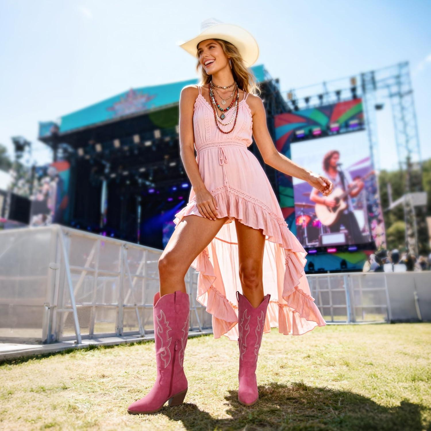 imageDREAM PAIRS Cowgirl Boots Women Knee High Cowboy Boots Pointed Toe Chunky Block Heel Suede Tall Western Boots with EmbroideredHot Pink