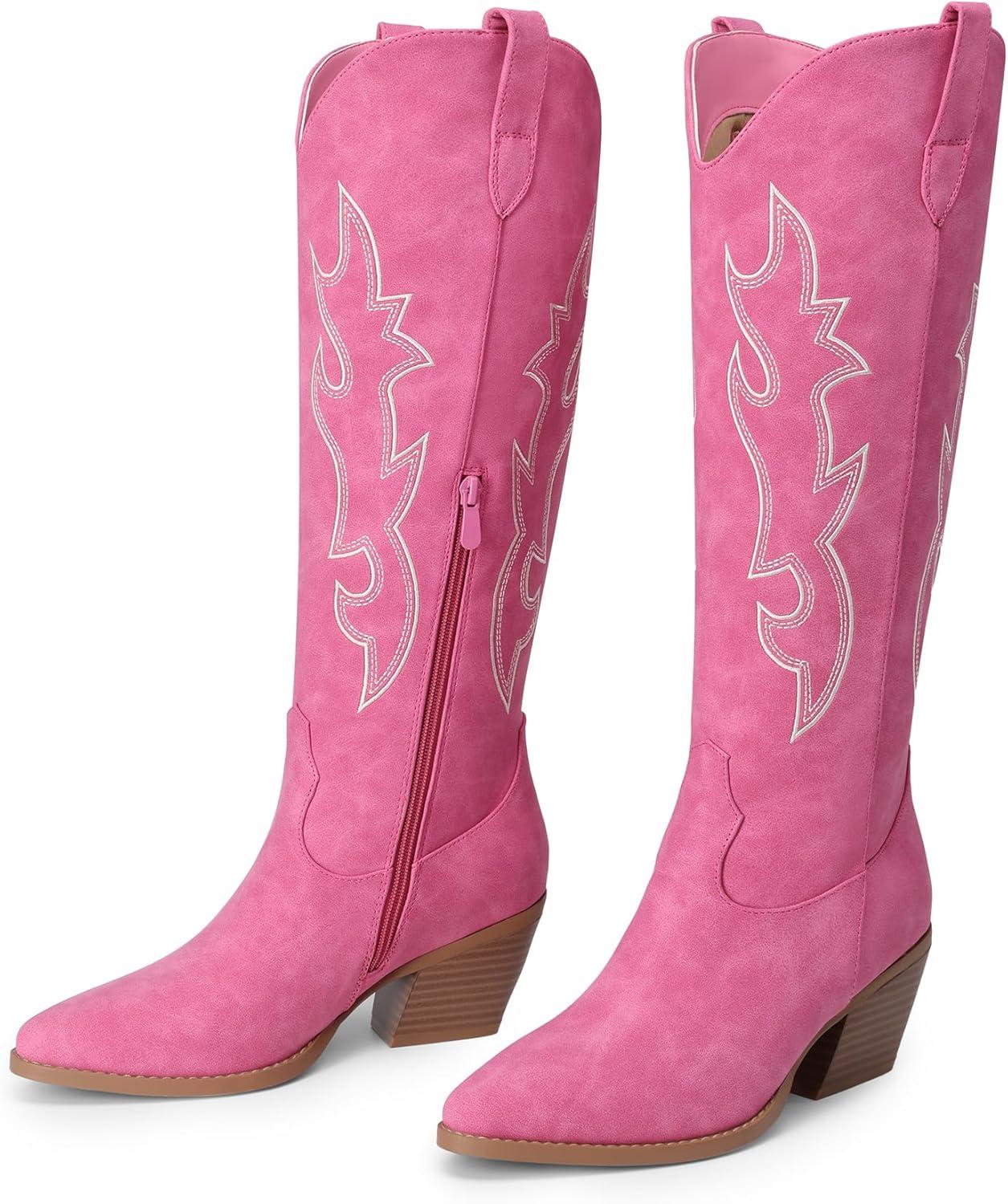 imageDREAM PAIRS Cowgirl Boots Women Knee High Cowboy Boots Pointed Toe Chunky Block Heel Suede Tall Western Boots with EmbroideredHot Pink