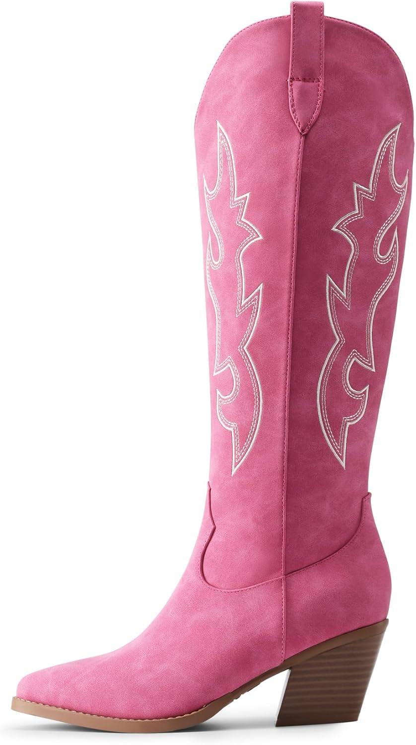 imageDREAM PAIRS Cowgirl Boots Women Knee High Cowboy Boots Pointed Toe Chunky Block Heel Suede Tall Western Boots with EmbroideredHot Pink