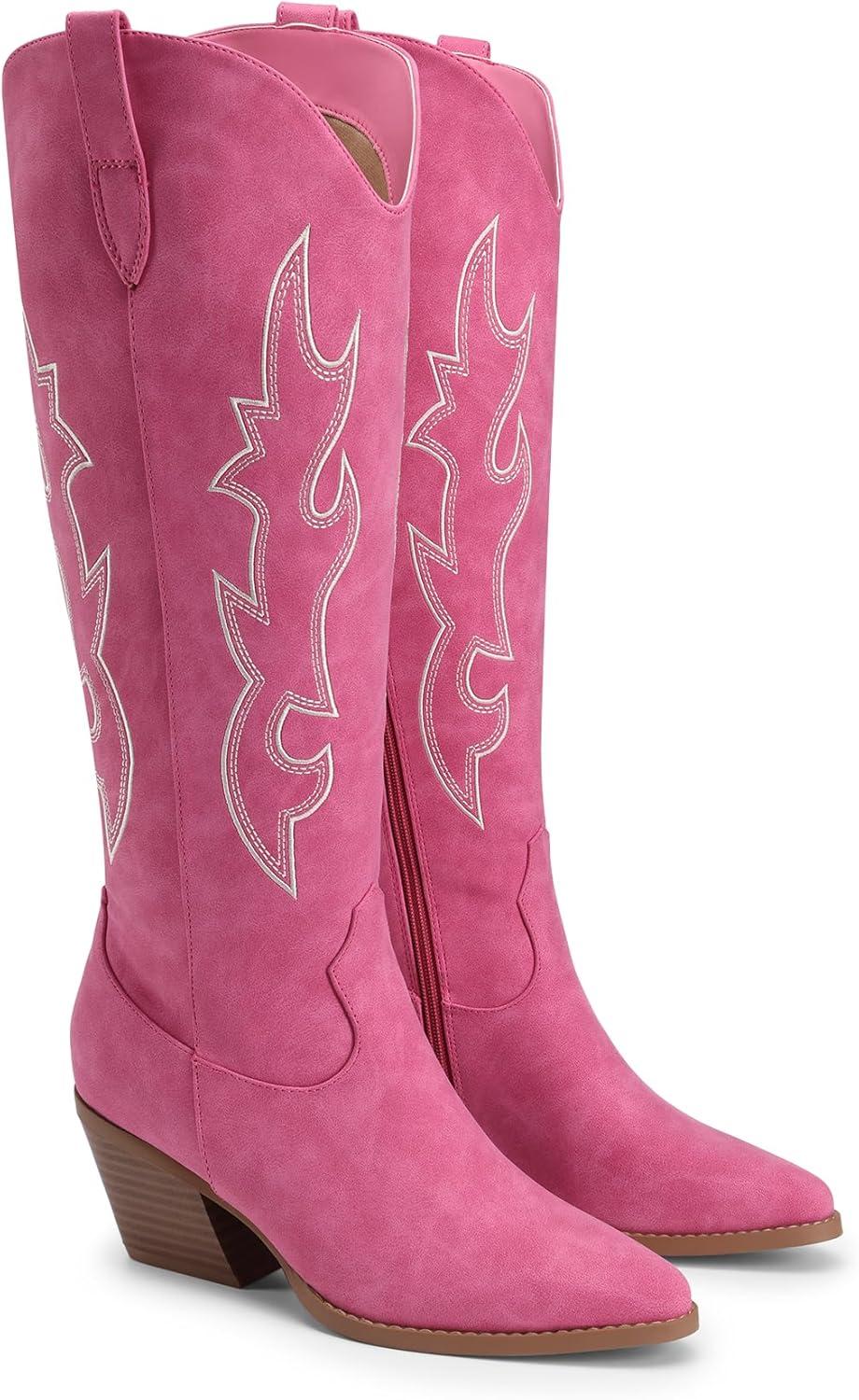 imageDREAM PAIRS Cowgirl Boots Women Knee High Cowboy Boots Pointed Toe Chunky Block Heel Suede Tall Western Boots with EmbroideredHot Pink