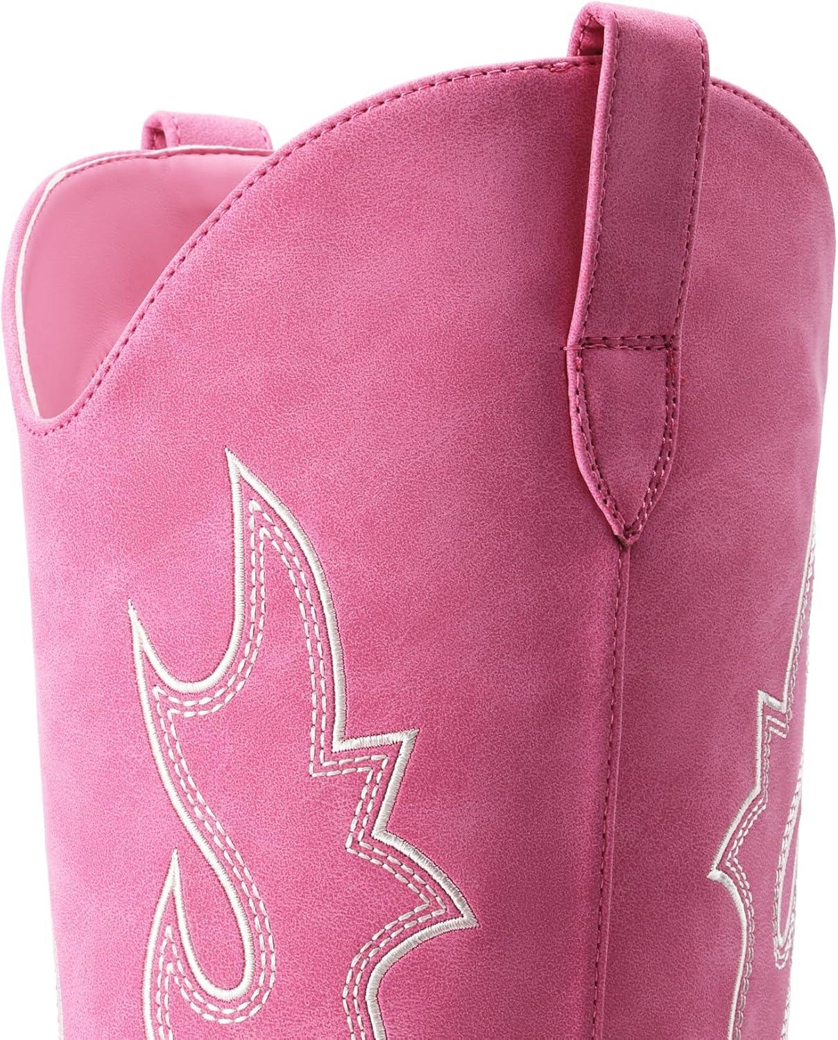 imageDREAM PAIRS Cowgirl Boots Women Knee High Cowboy Boots Pointed Toe Chunky Block Heel Suede Tall Western Boots with EmbroideredHot Pink