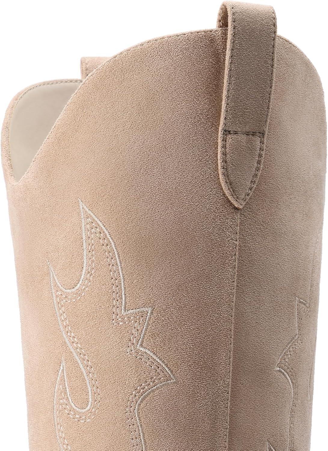 imageDREAM PAIRS Cowgirl Boots Women Knee High Cowboy Boots Pointed Toe Chunky Block Heel Suede Tall Western Boots with EmbroideredNude