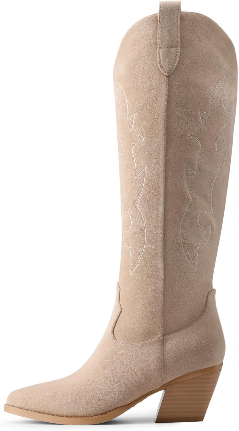 imageDREAM PAIRS Cowgirl Boots Women Knee High Cowboy Boots Pointed Toe Chunky Block Heel Suede Tall Western Boots with EmbroideredNude