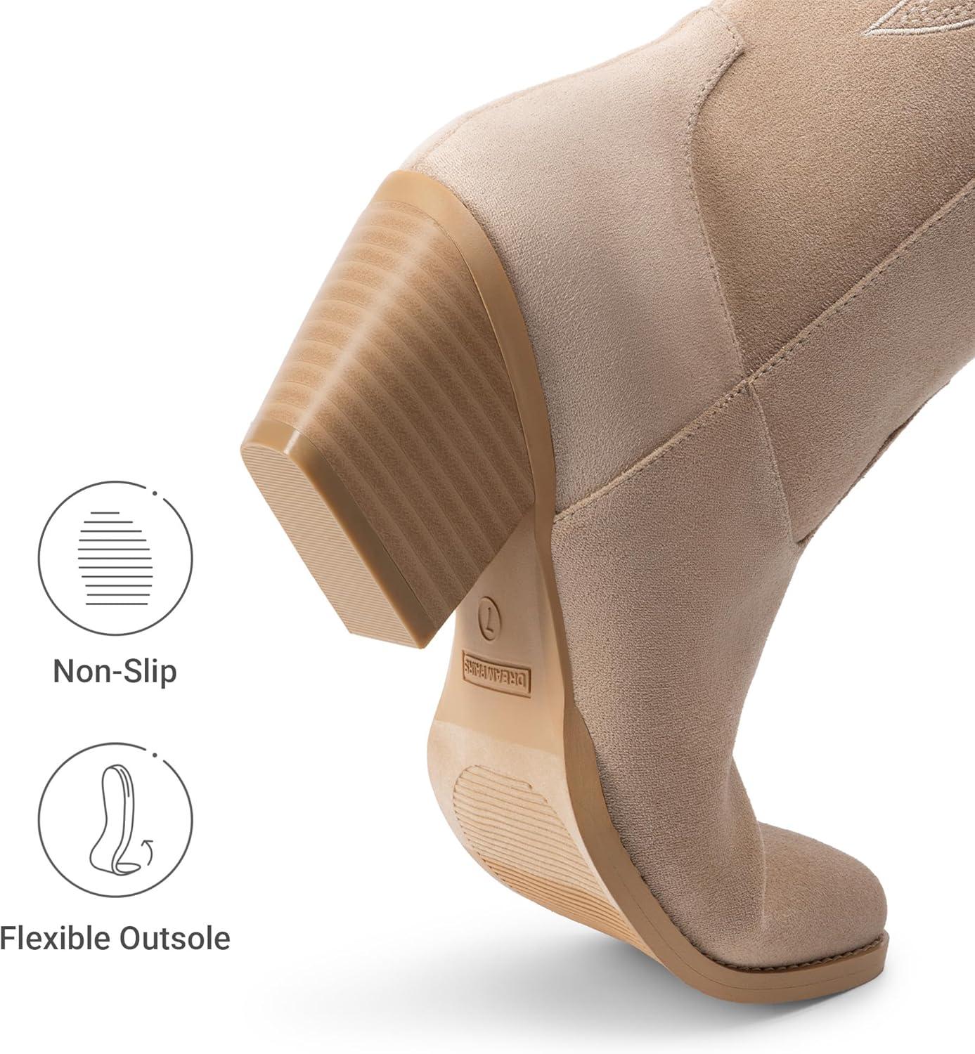 imageDREAM PAIRS Cowgirl Boots Women Knee High Cowboy Boots Pointed Toe Chunky Block Heel Suede Tall Western Boots with EmbroideredNude