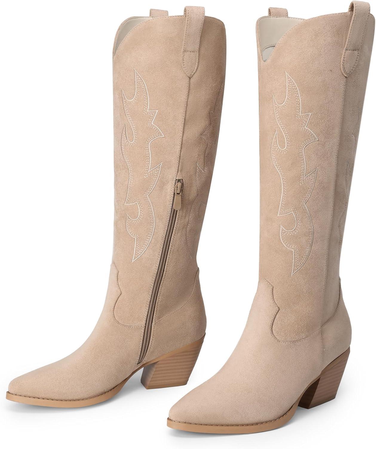 imageDREAM PAIRS Cowgirl Boots Women Knee High Cowboy Boots Pointed Toe Chunky Block Heel Suede Tall Western Boots with EmbroideredNude