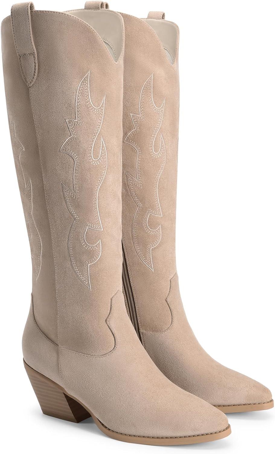 imageDREAM PAIRS Cowgirl Boots Women Knee High Cowboy Boots Pointed Toe Chunky Block Heel Suede Tall Western Boots with EmbroideredNude