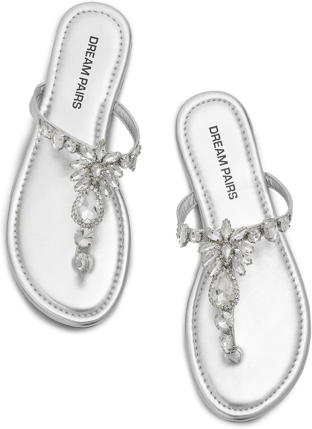 imageDREAM PAIRS Flip Flops for Women Dressy Rhinestone TStrap Thong Sandals for Summers Dress BeachSilver