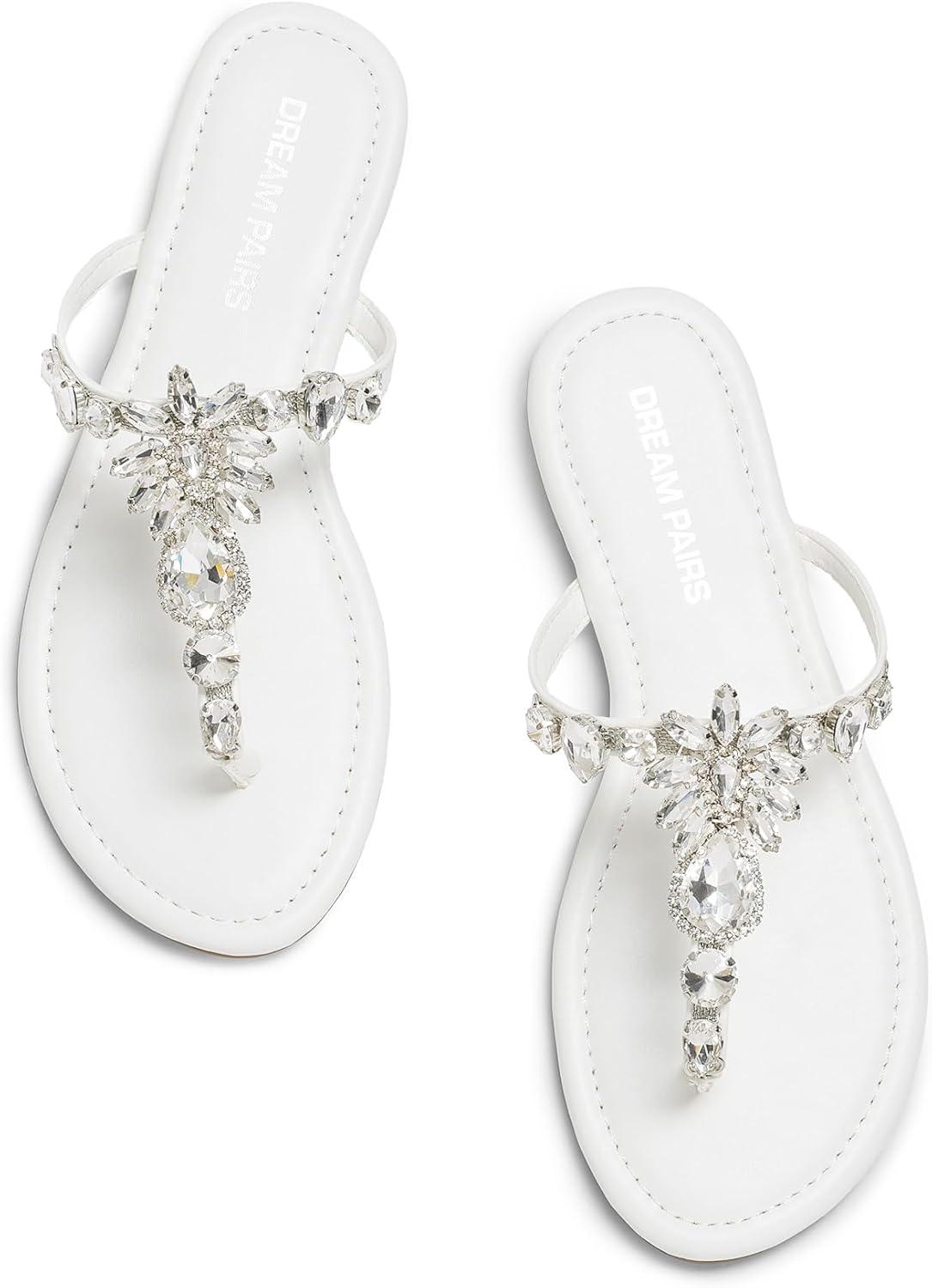 imageDREAM PAIRS Flip Flops for Women Dressy Rhinestone TStrap Thong Sandals for Summers Dress BeachWhite