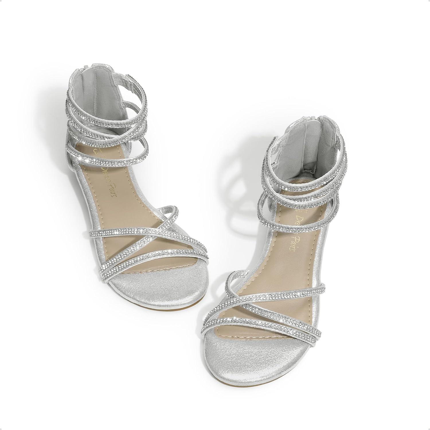 imageDREAM PAIRS Girls Ankle Strap Flat Sandals Summer Dressy Strappy Gladiator Rhinestones Platform Low Heels ShoesSilver
