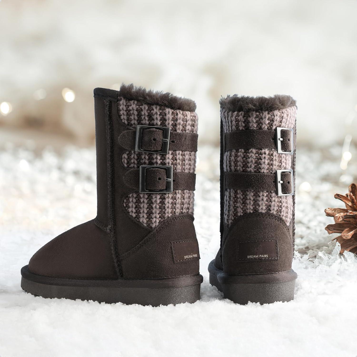 imageDREAM PAIRS Girls Boys Winter Boots Faux Fur Lined Mid Calf Kids Snow Tall Shoes FuzzyChic Kids Buckle for Little KidBig KidBrown