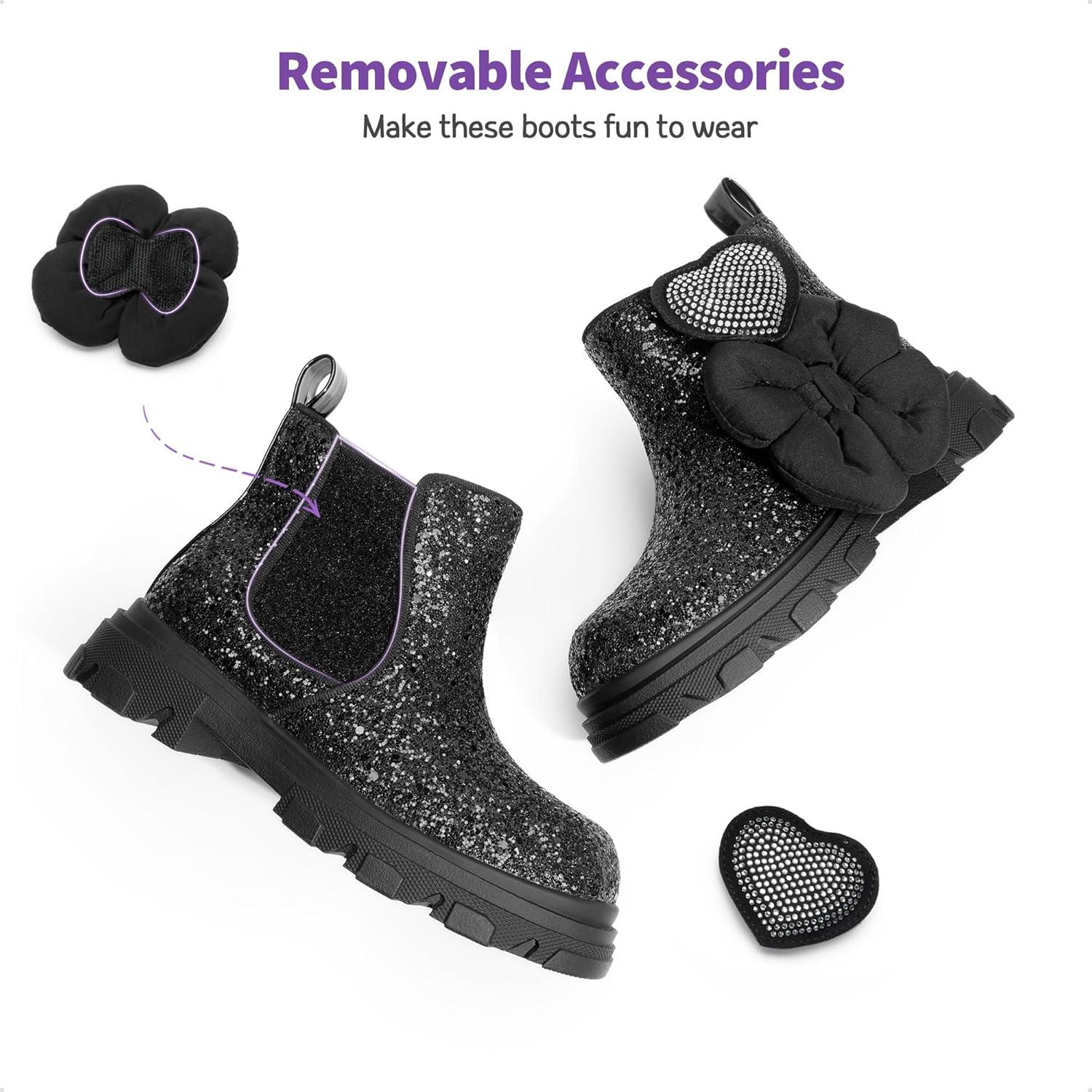 imageDREAM PAIRS Girls Chelsea Boots Side Zipper Lug Sole Ankle Booties ToddlerLittle KidBig KidBlackglitter