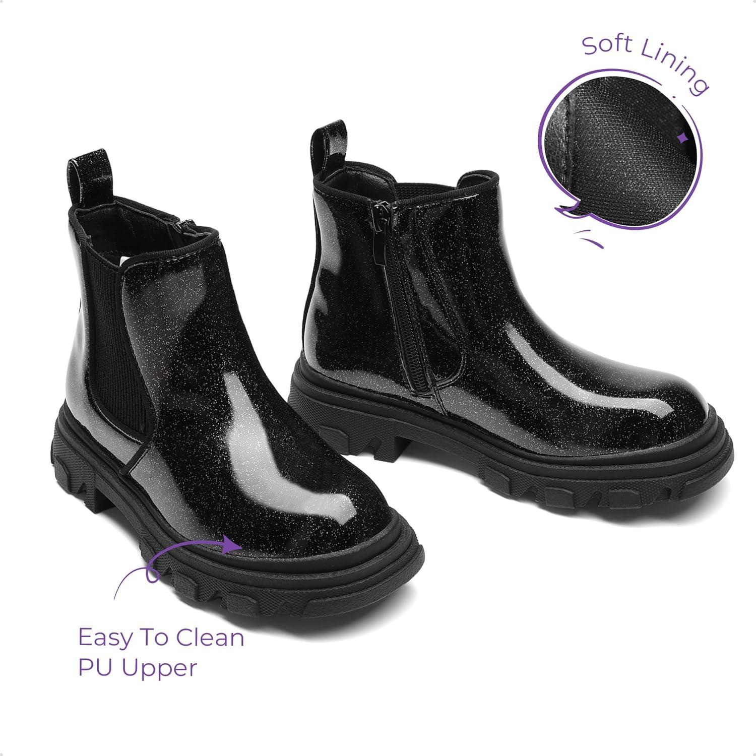 imageDREAM PAIRS Girls Chelsea Boots Side Zipper Lug Sole Ankle Booties ToddlerLittle KidBig KidBlackpu