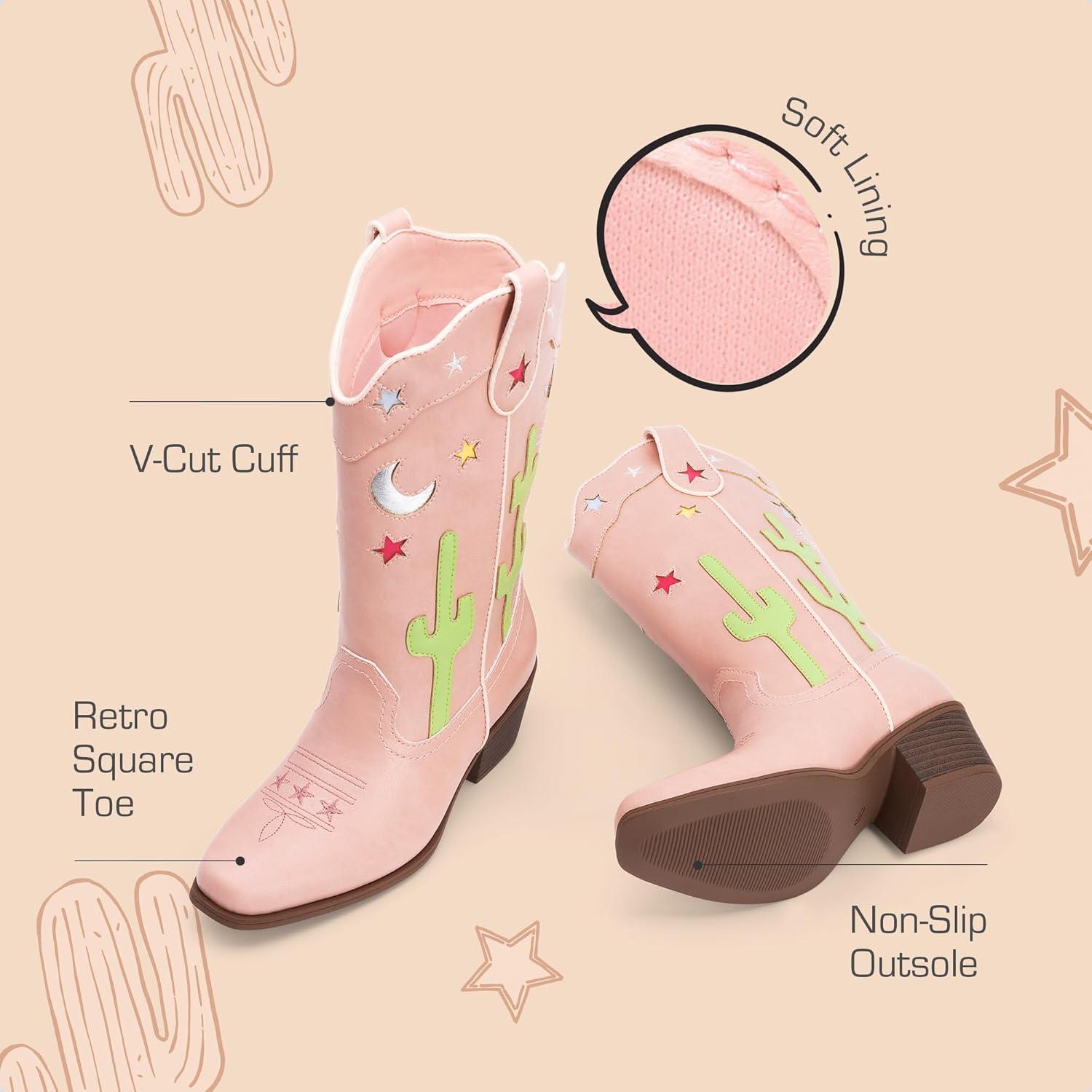 imageDREAM PAIRS Girls Cowboy Boots Cowgirl Mid Calf Western Boots with Low Heel Square Toe for Little KidBig KidPink