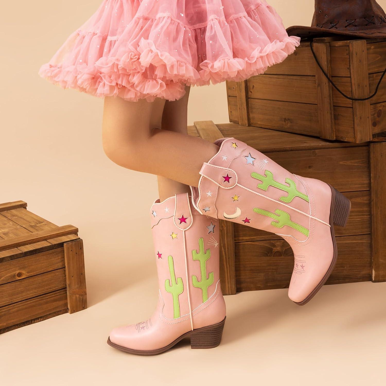 imageDREAM PAIRS Girls Cowboy Boots Cowgirl Mid Calf Western Boots with Low Heel Square Toe for Little KidBig KidPink