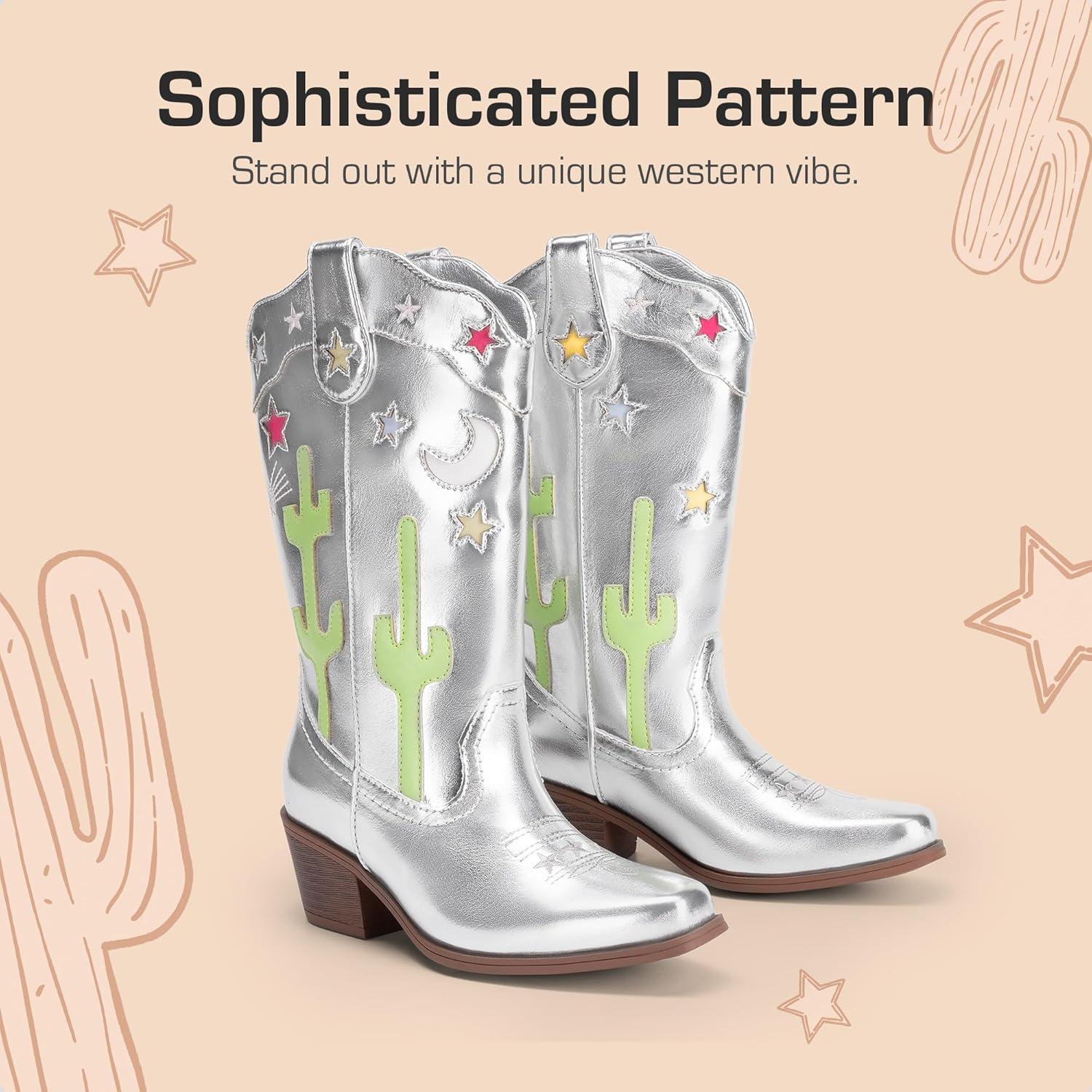 imageDREAM PAIRS Girls Cowboy Boots Cowgirl Mid Calf Western Boots with Low Heel Square Toe for Little KidBig KidSilver