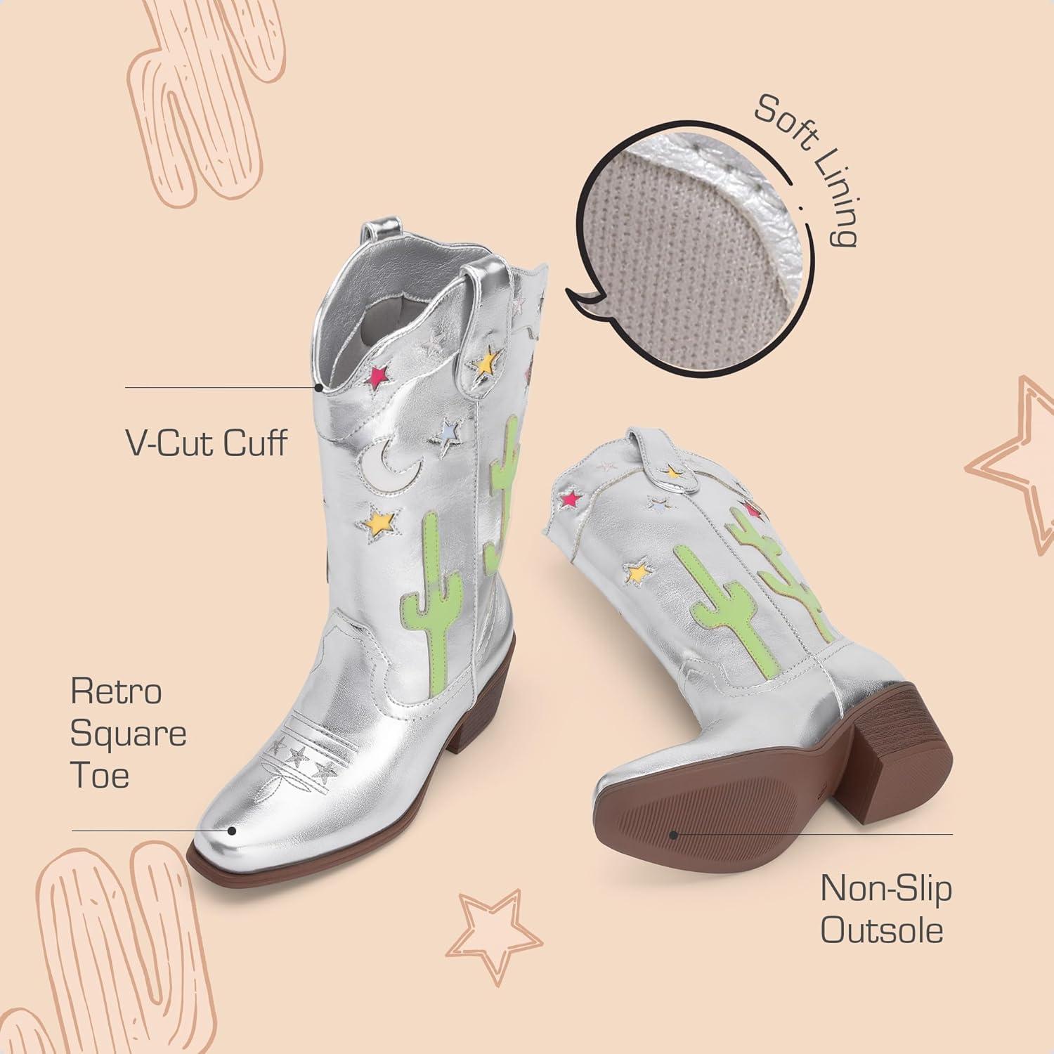 imageDREAM PAIRS Girls Cowboy Boots Cowgirl Mid Calf Western Boots with Low Heel Square Toe for Little KidBig KidSilver