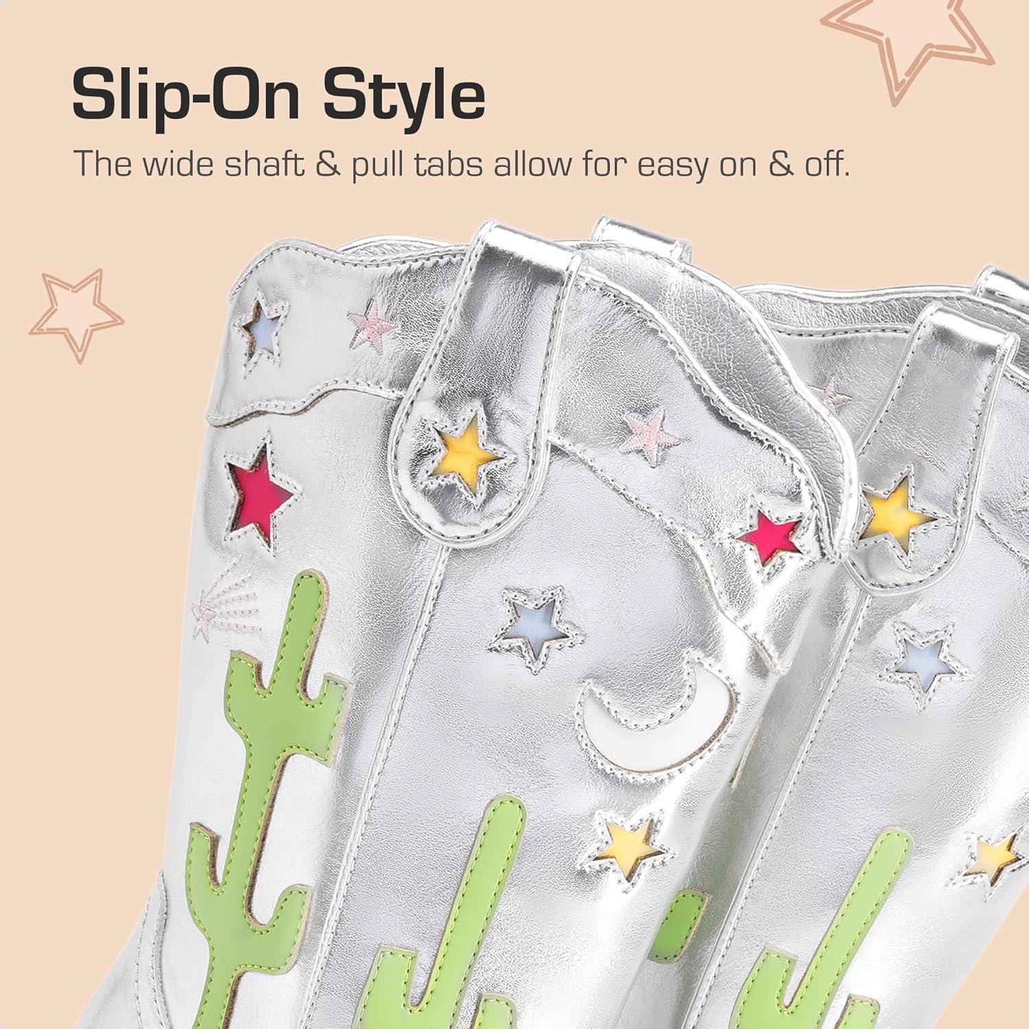 imageDREAM PAIRS Girls Cowboy Boots Cowgirl Mid Calf Western Boots with Low Heel Square Toe for Little KidBig KidSilver