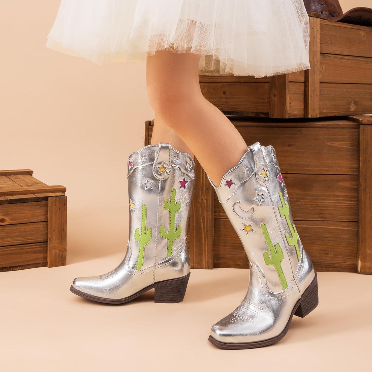 imageDREAM PAIRS Girls Cowboy Boots Cowgirl Mid Calf Western Boots with Low Heel Square Toe for Little KidBig KidSilver