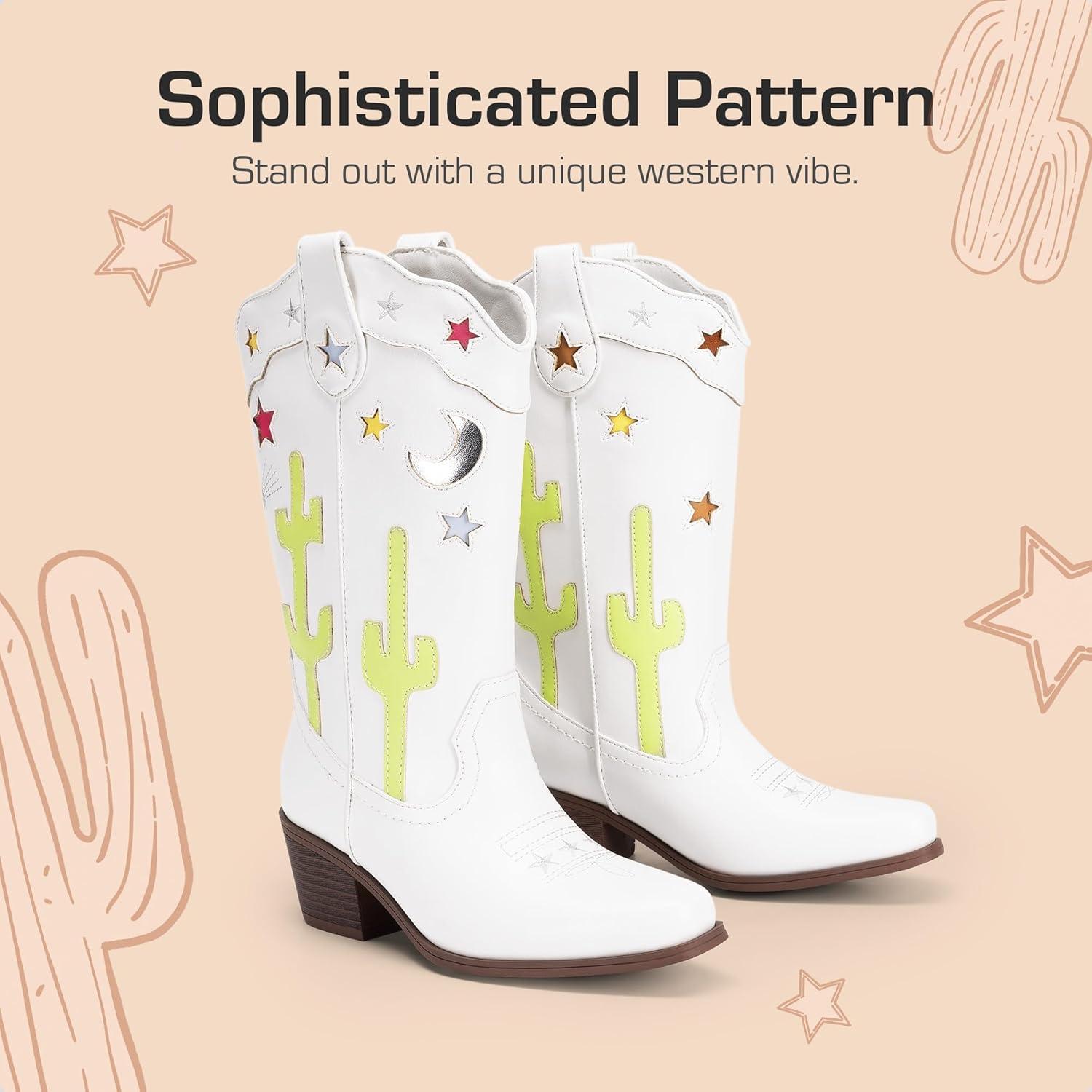 imageDREAM PAIRS Girls Cowboy Boots Cowgirl Mid Calf Western Boots with Low Heel Square Toe for Little KidBig KidWhite