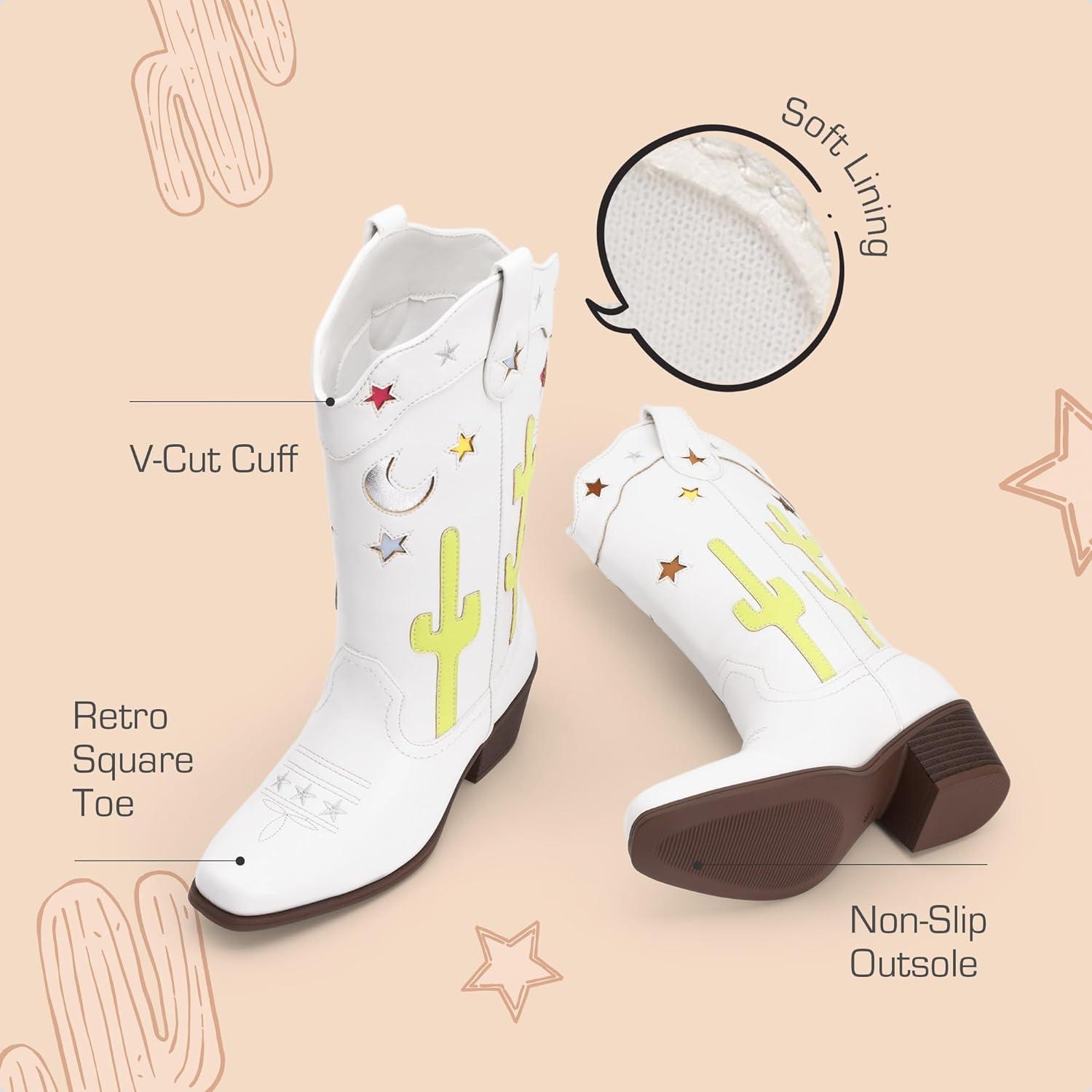 imageDREAM PAIRS Girls Cowboy Boots Cowgirl Mid Calf Western Boots with Low Heel Square Toe for Little KidBig KidWhite