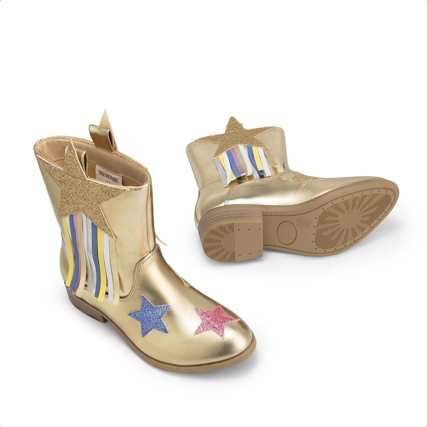 imageDREAM PAIRS Girls Cowgirl Cowboy Western Mid Calf Tassel BootsGold