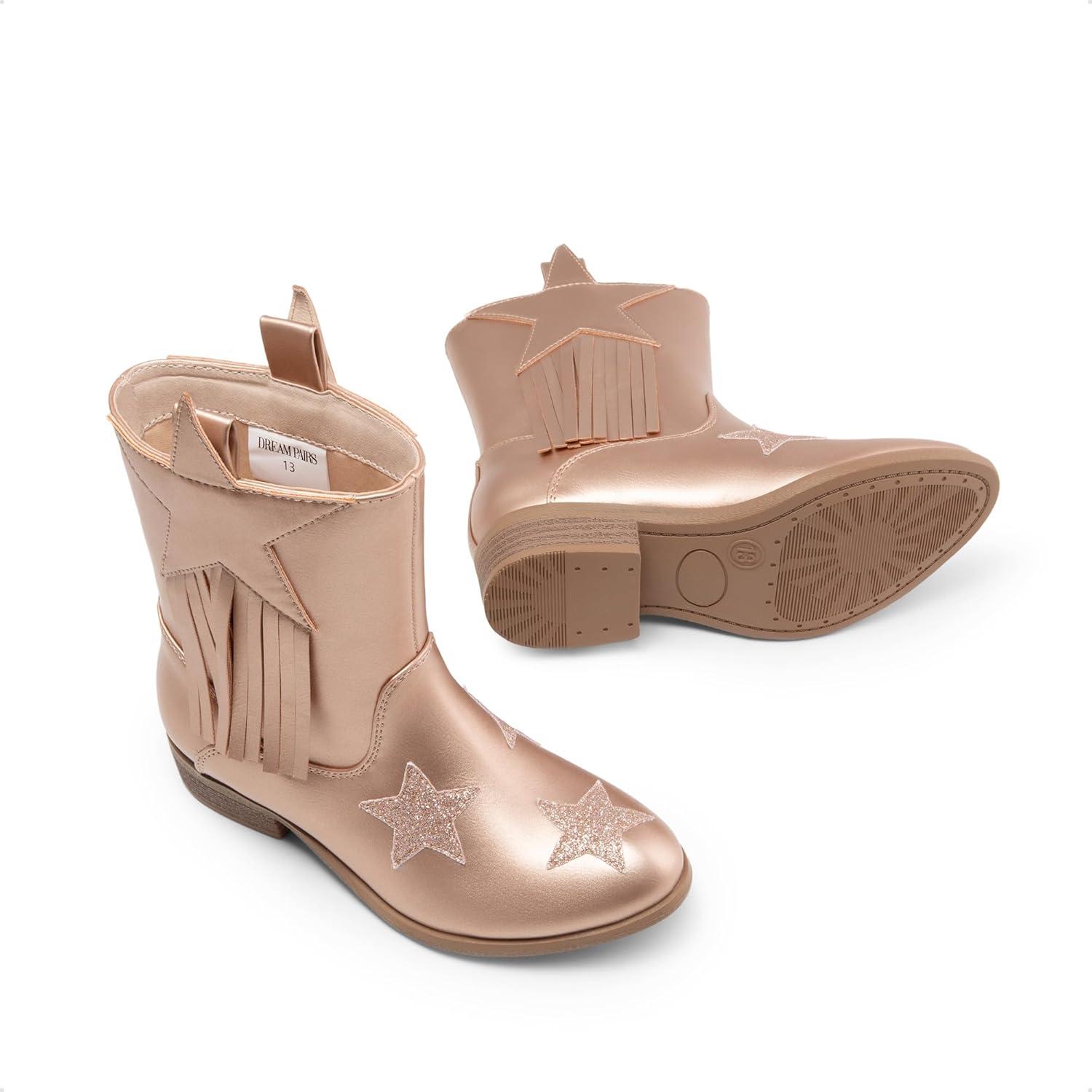 imageDREAM PAIRS Girls Cowgirl Cowboy Western Mid Calf Tassel BootsRose Gold