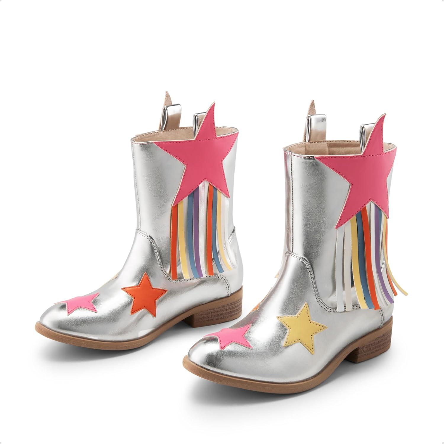 imageDREAM PAIRS Girls Cowgirl Cowboy Western Mid Calf Tassel BootsSilver