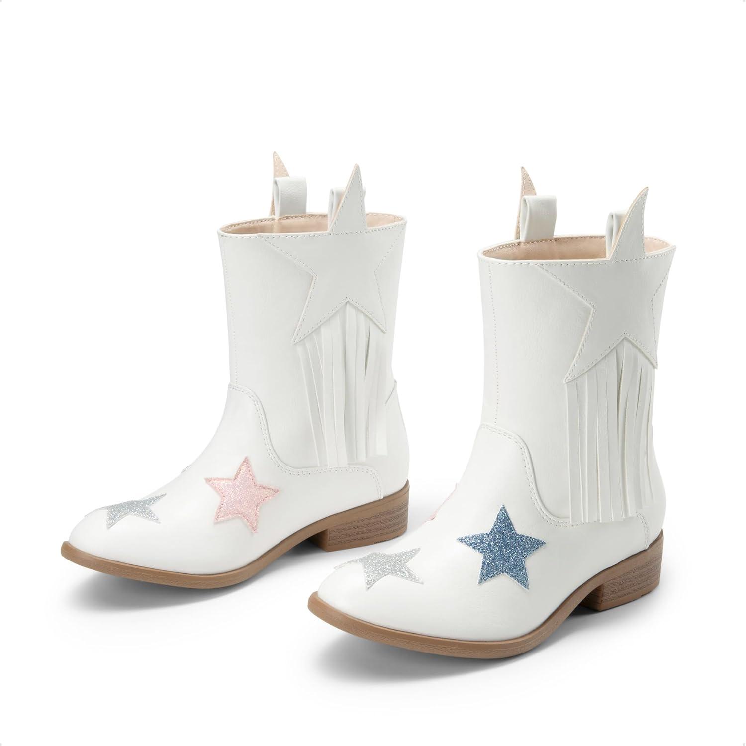 imageDREAM PAIRS Girls Cowgirl Cowboy Western Mid Calf Tassel BootsWhite