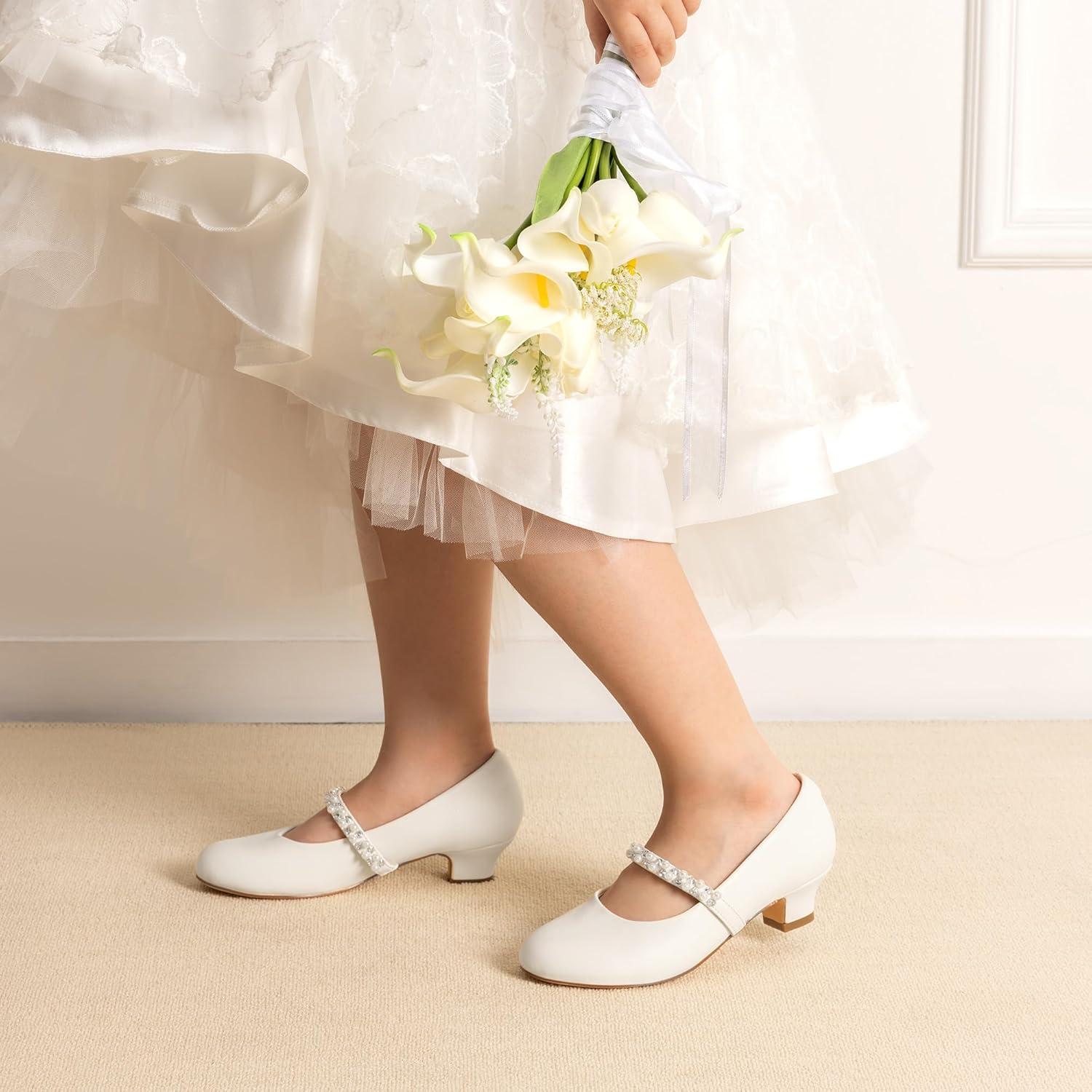 imageDREAM PAIRS Girls Dress Shoes Low Heels for Little Big Girl Mary Jane Shoes with Pearl Rhinestones Flower Girl Pumps Princess Wedding PartyIvoryPu